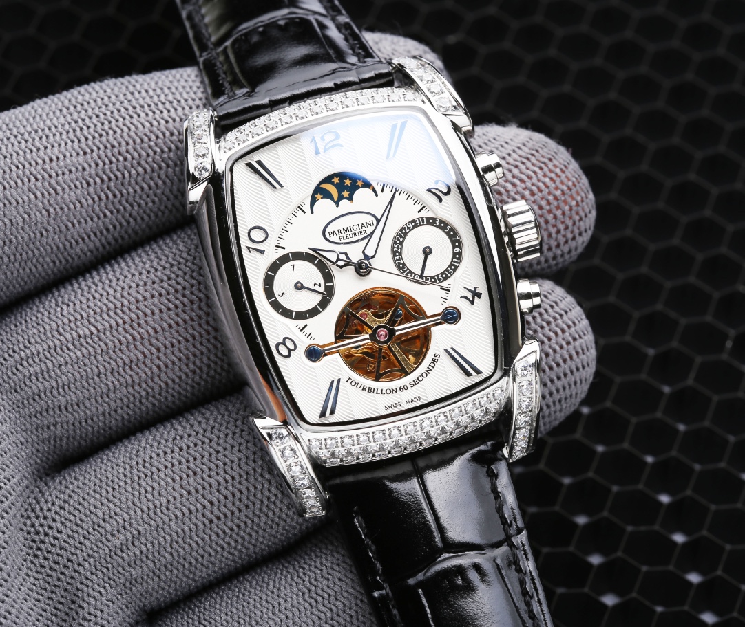 White 640. Gold ?20. Steel ?20.
Parmigiani - New upgraded - Luxury Full Diamond Edition -12 Moon phase -6 position Tourbillon movement operation Clear at a glance, imported automatic mechanical movement (please recognize the movement diagram) Special 316 