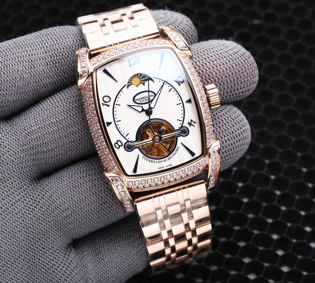 White 660. Gold ?20. Steel ?20.
Parmigiani - New upgraded - Luxury Full Diamond Edition -12 Moon phase -6 position Tourbillon movement operation Clear at a glance, imported automatic mechanical movement (please recognize the movement diagram) Special 316 