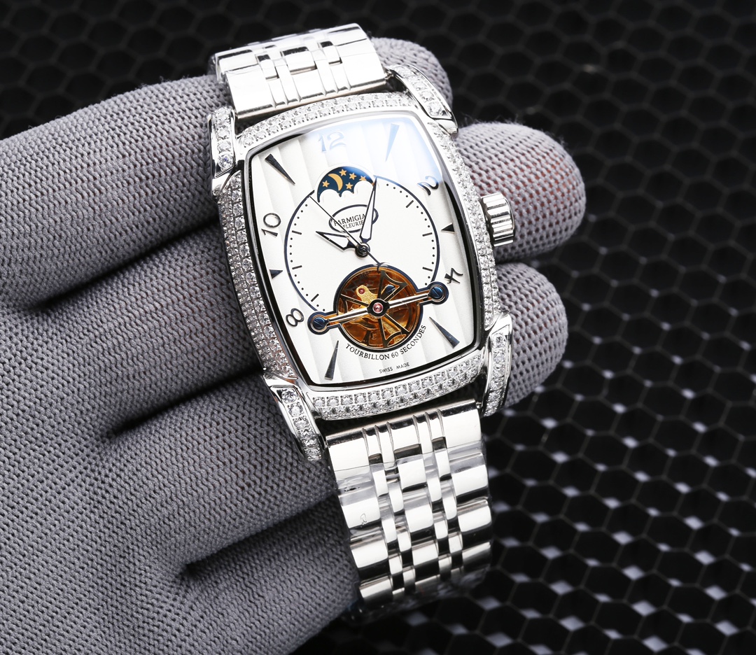 White 660. Gold ?20. Steel ?20.
Parmigiani - New upgraded - Luxury Full Diamond Edition -12 Moon phase -6 position Tourbillon movement operation Clear at a glance, imported automatic mechanical movement (please recognize the movement diagram) Special 316 