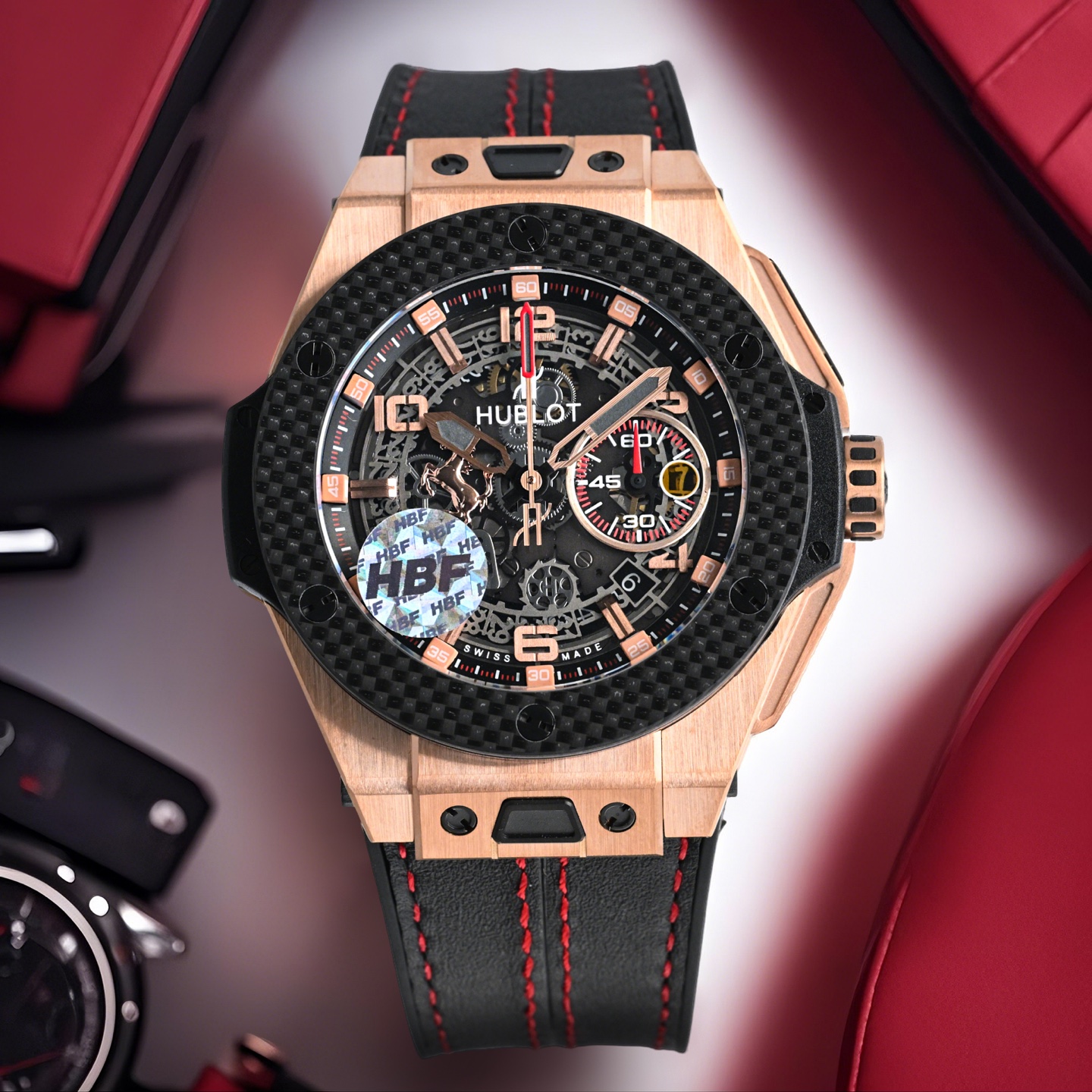 HBF 2300
HBF HUBLOT ???A42 Hublot of the Year BlG BANG series 401.OQ.0123.VR Carbon fiber bezel Composite material bezel layering structure only Unique charm Serial Number 401.NJ.0123.VR1 Bezel: Carbon fiber mixed titanium. 2 Crystal: Sapphire crystal wit