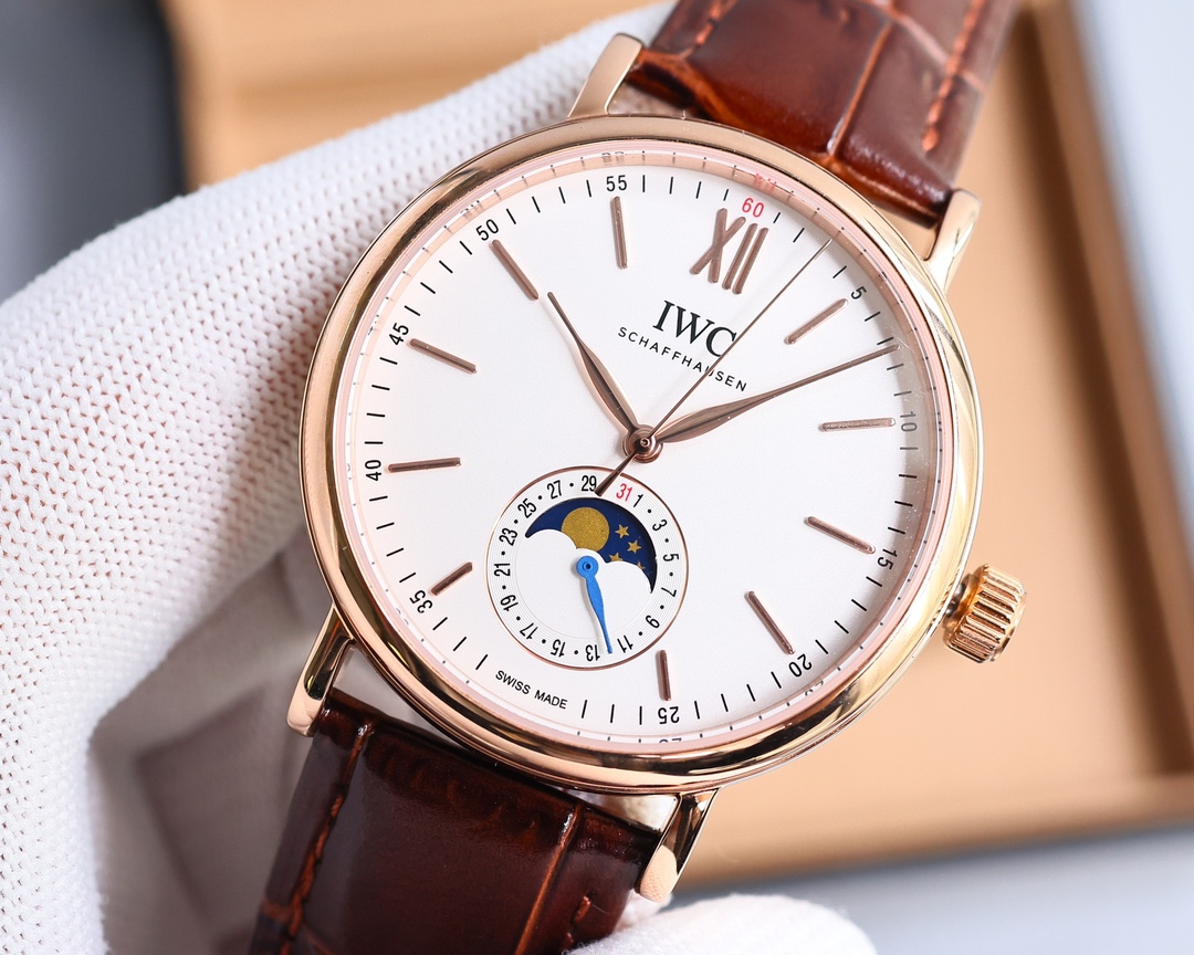 White 1150- Gold 1200. 2024 new Portofino collection watch, Pointer date watch [Celebration], IWC Moon Phase collection. Men's watch, with precise Swiss ETA2824-10 movement (6-position true date and 24-hour sun, moon and stars function) 39mm diameter, 316