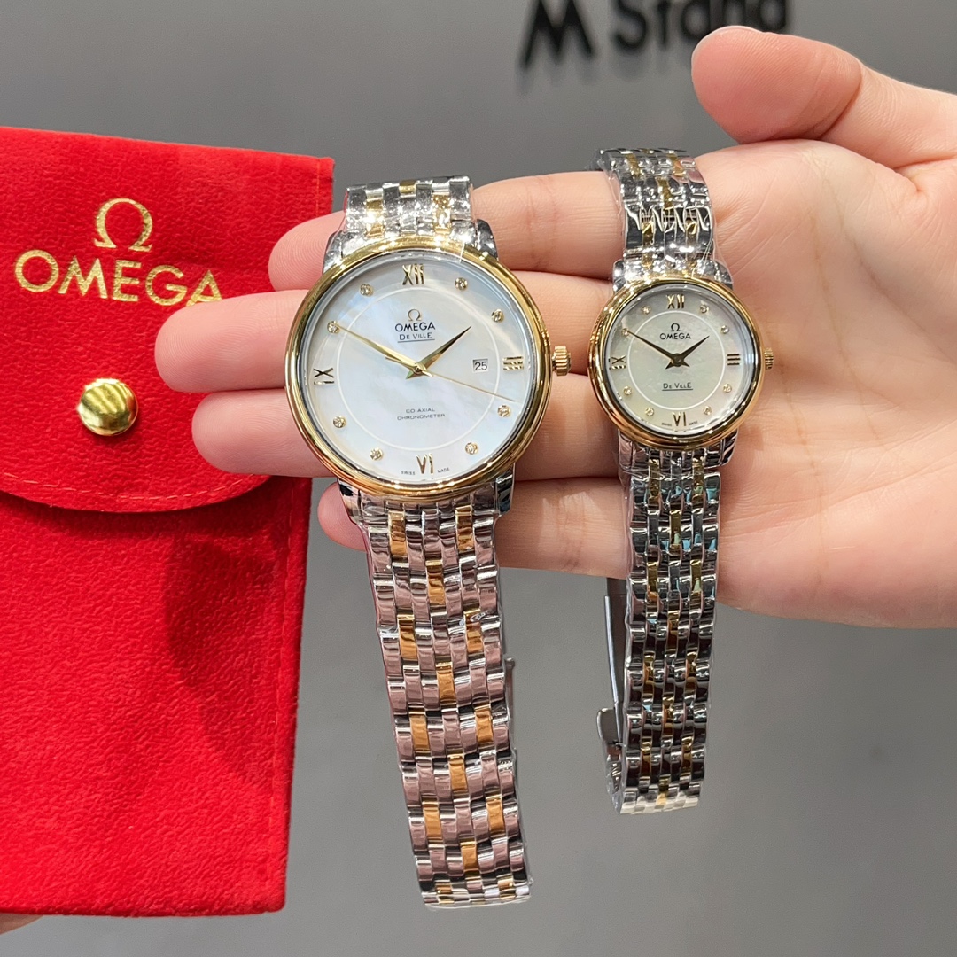 ??300 gold 320 diamonds +30
Taiwan factory paired with red packaging gift bag Omega de Ville Quartz collection watch
The women's watch measures 27.4mm and the men's watch 39mm
Imported Swiss quartz movement, 316 stainless steel case, scratch-resistant gla