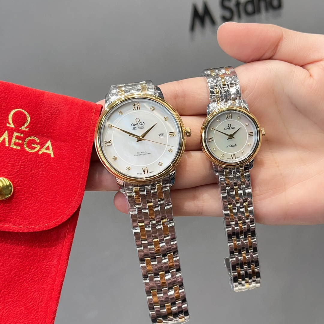 ??300 gold 320 diamonds +30
Taiwan factory paired with red packaging gift bag Omega de Ville Quartz collection watch
The women's watch measures 27.4mm and the men's watch 39mm
Imported Swiss quartz movement, 316 stainless steel case, scratch-resistant gla