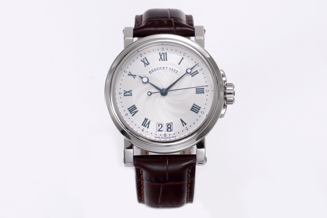 The white case 1750 and the gold case 1800
The HG Breguet Marine collection ??OR8 is equipped with a reissue Breguet Cal.517GG movement, Breguet hands (openwork off-center "moon-shaped" hands), Breguet numeral hour markers, the iconic water wave pattern o