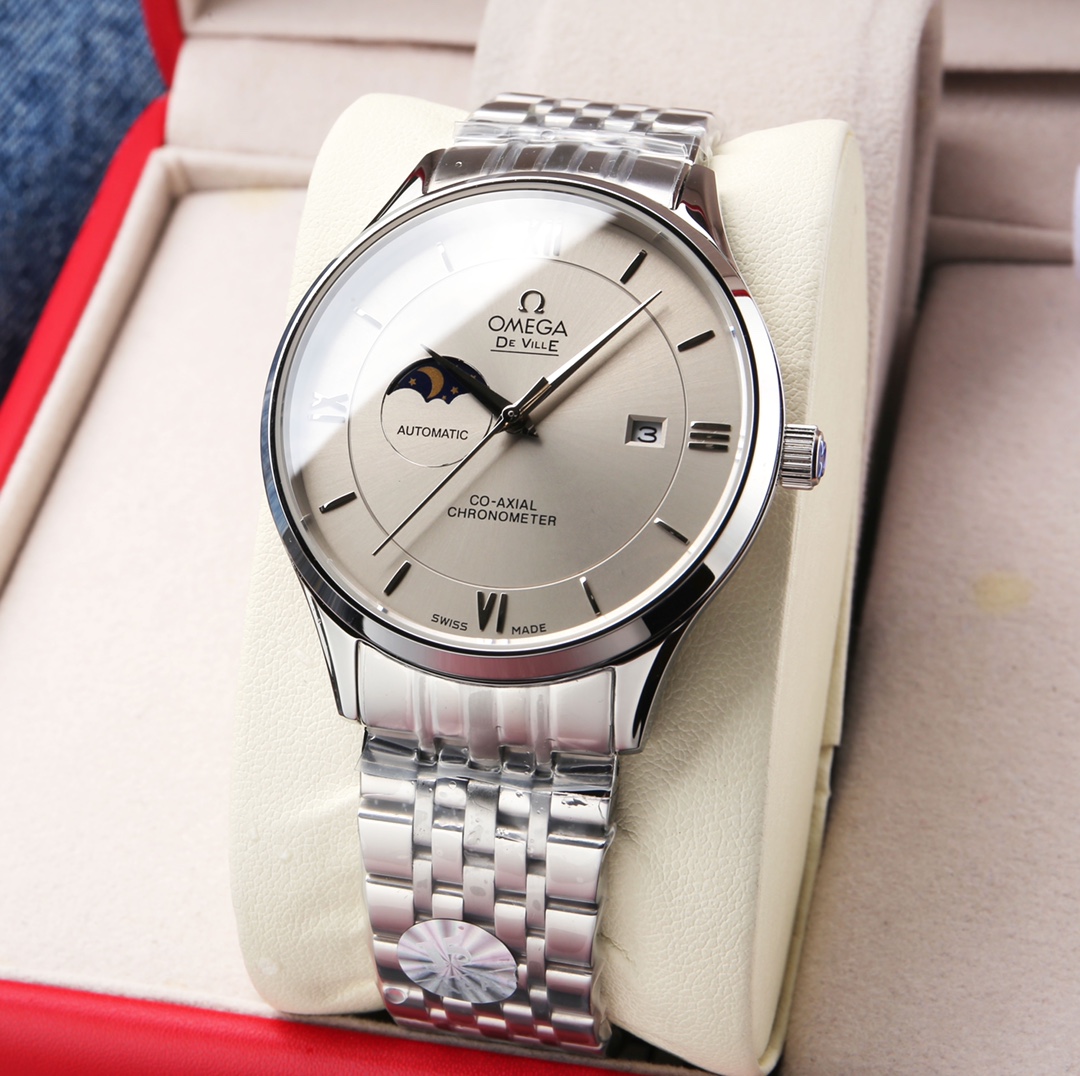 White leather P:700. Steel band ?20 (Waterproof 5 degrees, swim-safe ??!)
Omega - Sun Moon Stars series, with custom original imported 8217 movement (0 repair 0 after-sales), 24 hours/true moon phase display, 5-digit small seconds. Double sapphire crystal