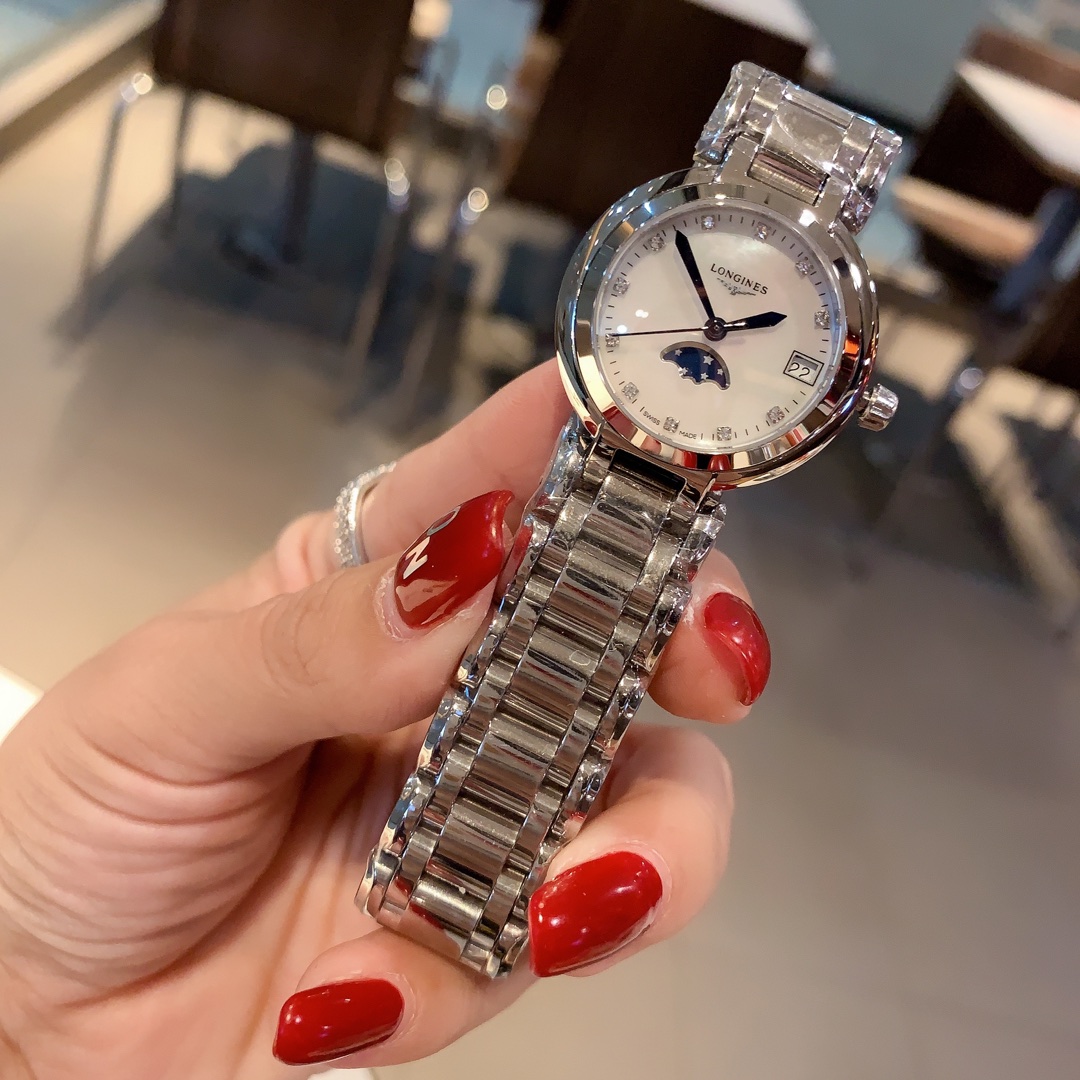 Bestseller Longines Heart Moon Collection ladies' watch with exclusive custom true moon phase (rotates once a month ? ? Genuine and identical) imported quartz movement, stainless steel round case, 30.5mm diameter, scratch-resistant synthetic double glass,