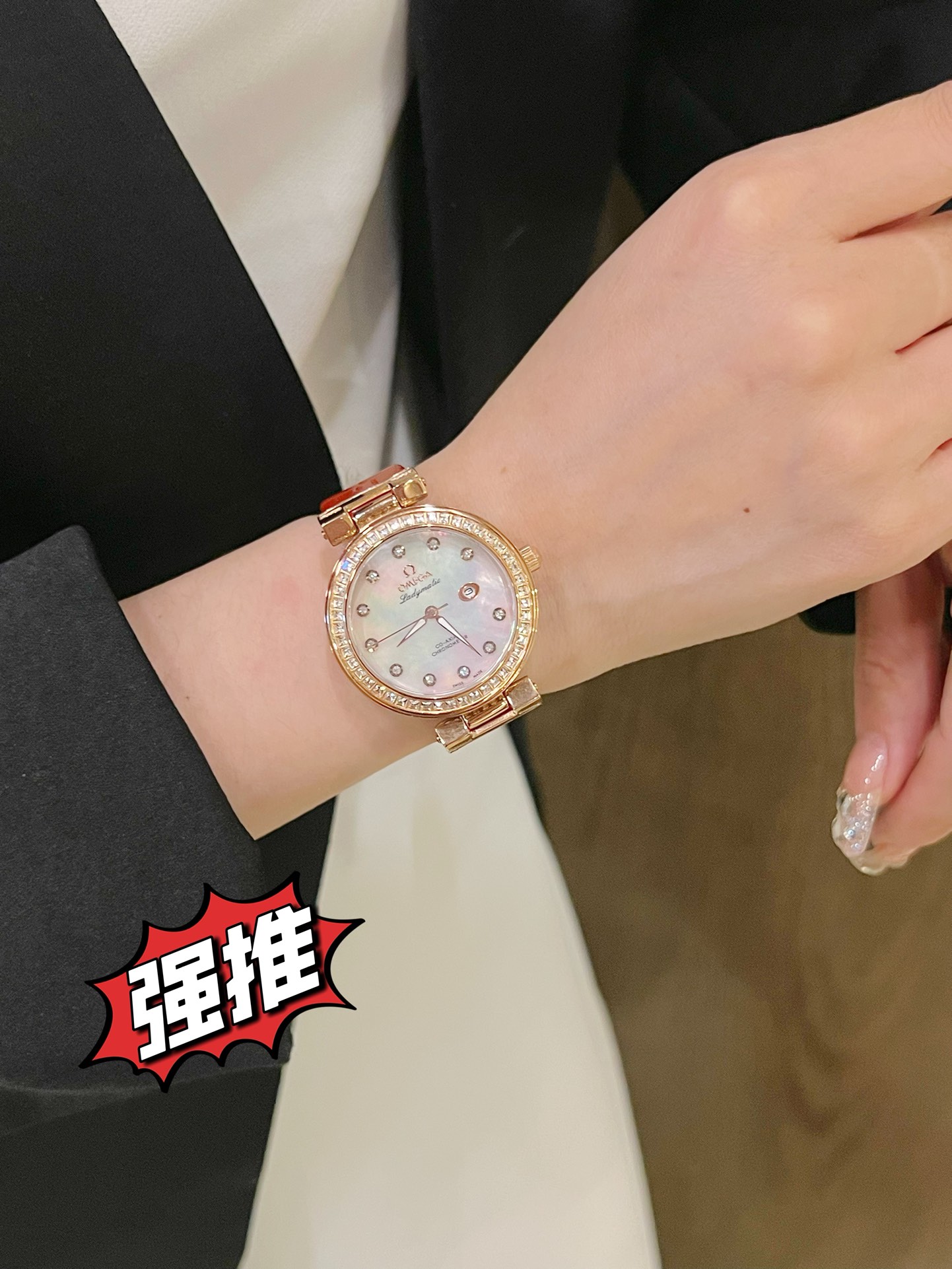 ?? 350
The new Omega De Ville collection watch # features a case made of stainless steel and Swarovski diamonds, a dial with a vertical brushed finish, a bezel with 2*2 square Swarovski diamonds, and sparkling Swarovski diamonds on the side of the case fo