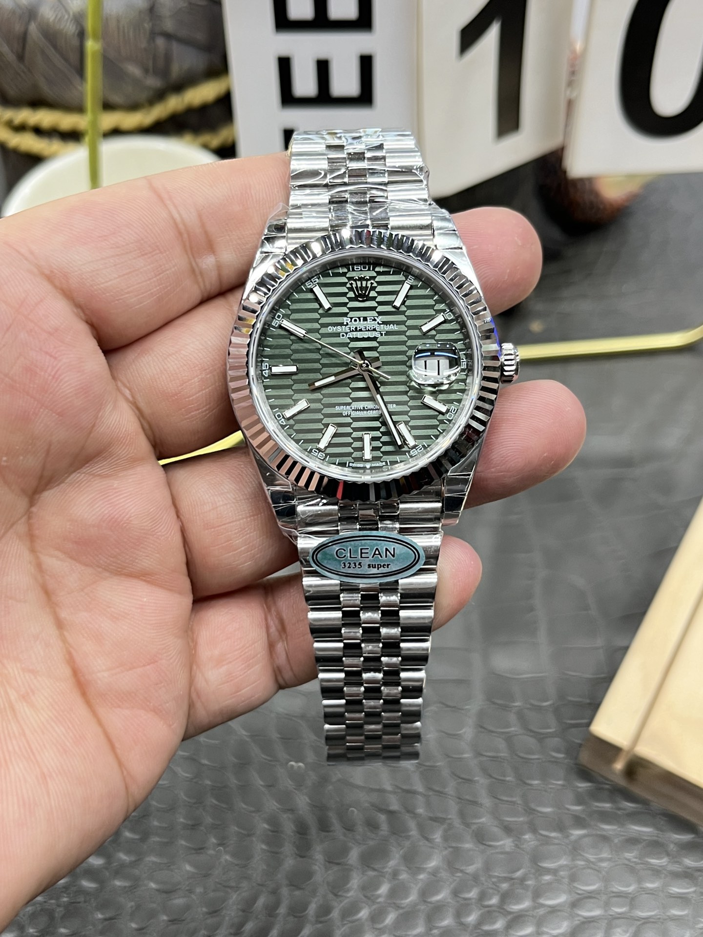 Imitation C copy Rolex Datejust /41mm checkered green Datejust/Shanghai modified Dandong 3235 Integrated Fully automatic mechanical