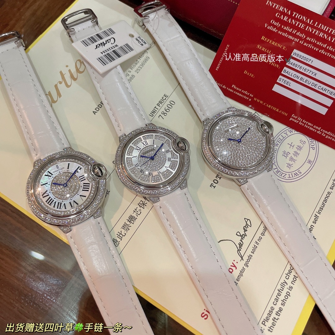 360??New Cartier Ballon Bleu collection! Single row diamond square diamonds ?? Imported lychee grain leather soft and comfortable the latest jewelry diamond-encrusted true nail design style ? Shell face diamond-encrusted dial, exuding luxurious effect in 