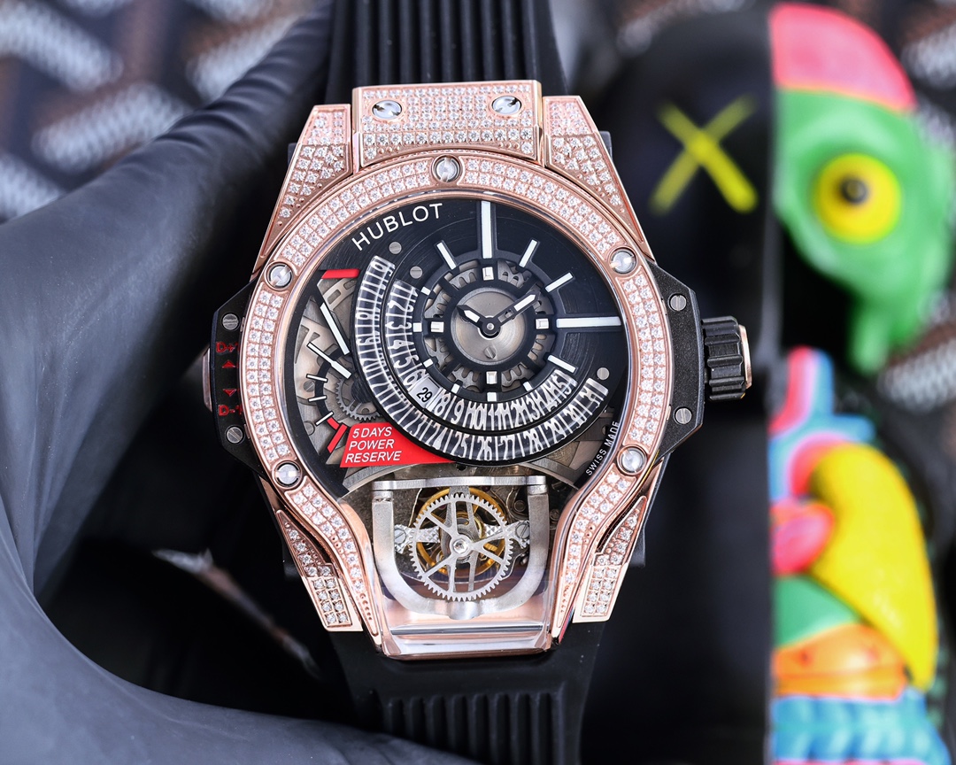 ?? HUBLOT MP Series 909.NX.1120.RX.1704 Polished metal case set with 207 zircon anodized red aluminum lower structure with 6 H-shaped metal screws with original imported mechanical movement HUBLOT Universe Hublot code name (Monster) Masterpiece MP-09 Dual