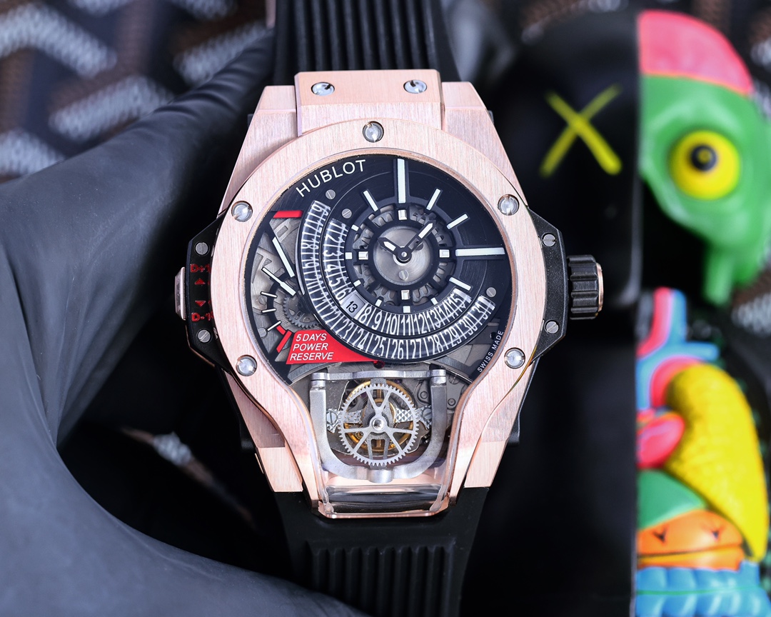 ?? HUBLOT MP Series 909.NX.1120.RX.1704 Polished metal case set with 207 zircon anodized red aluminum lower structure with 6 H-shaped metal screws with original imported mechanical movement HUBLOT Universe Hublot code name (Monster) Masterpiece MP-09 Dual