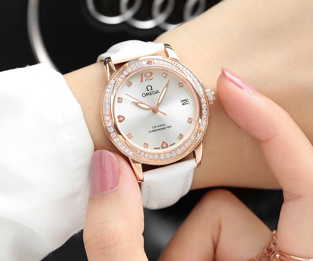 ?? Rose 260 ceramic +20 OMEGA -OMEGA New women's quartz watch Imported quartz 3-hand movement 316L steel diamond-encrusted case Sapphire glass crystal real cowhide strap/Steel between ceramics 35mm diameter 9mm thickness