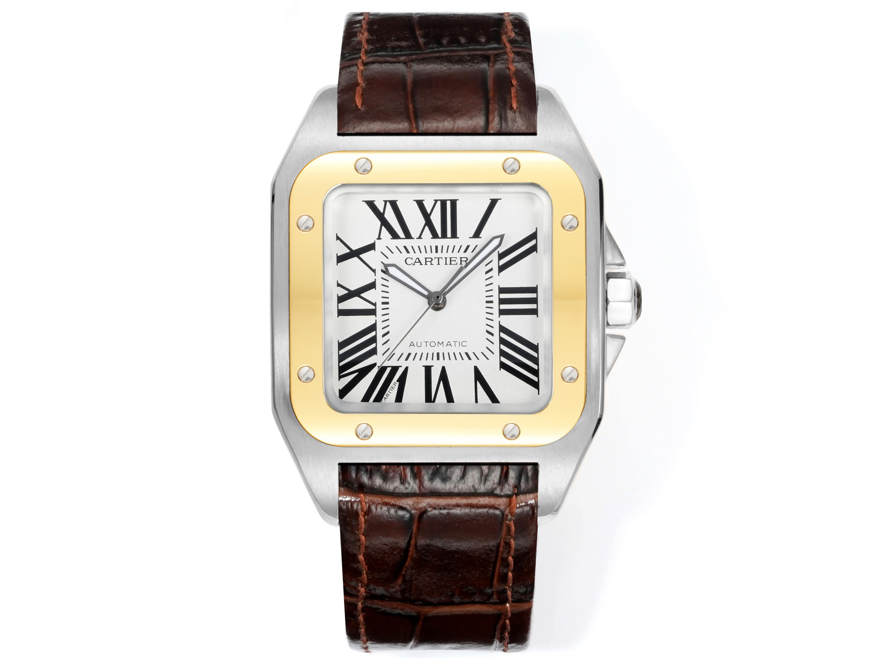 White gold case 1100 All gold black case 1150 diamonds ?150

H Y CARTIER ??AF1 Santos Men's 100th Anniversary Edition is coming strong.
[Original mold opening ?????? Cartier Santos]
1 ? [Case] Genuine mold, with the best imported 316L case! Movement: 2824