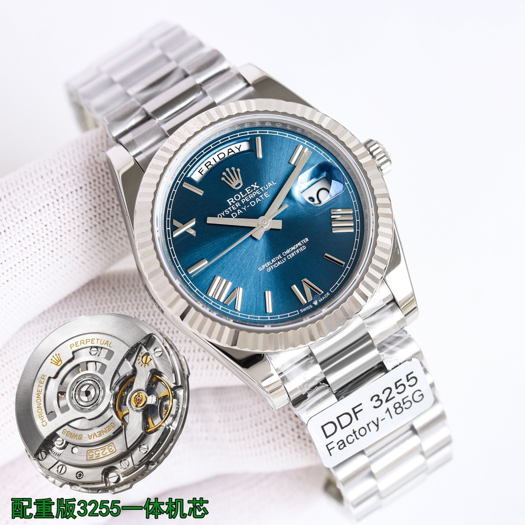 Refitted edition
DDF- A sincere tribute to the classic
Rolex Day-Date 40mm series watches.
1 The entire watch is equipped with a reissued 185G
2. Sex ratio remastered 160G
3 Sapphire mirror, calendar 2.5x magnifying glass, with the same effect as the orig
