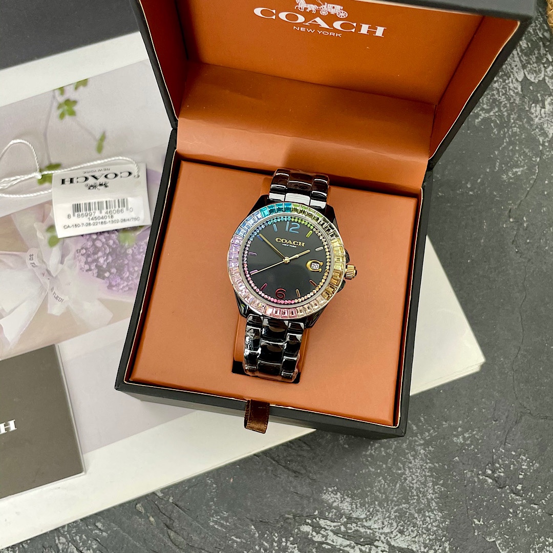 Batch ??360,COACH/ Coach GREYSON collection ceramic ladies' watch with colorful gradient hour markers. Model: 14504018, size: 36mm with button-button butterfly clasp!
