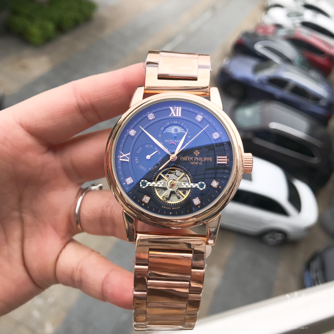 ?? Leather strap 180, steel strap 200 ?? Patek Philippe, fine business Casual men big flywheel mechanical watch, moon phase, day of the week, 24 hours ?? fully functional, solid steel strap, mineral super glass mirror, automatic mechanical movement, size: