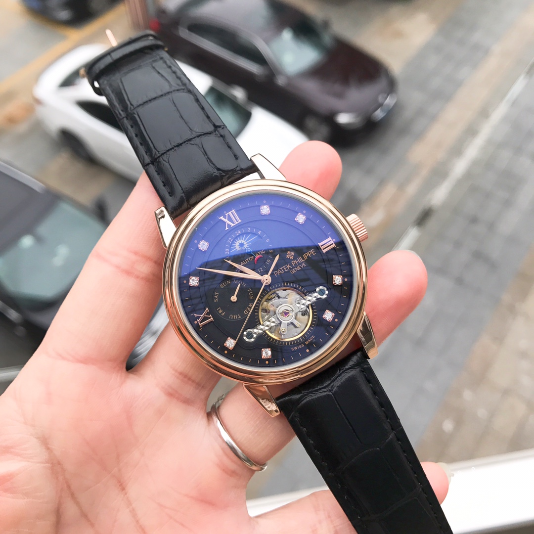 ?? Leather strap 180, steel strap 200 ?? Patek Philippe, fine business Casual men big flywheel mechanical watch, moon phase, day of the week, 24 hours ?? fully functional, solid steel strap, mineral super glass mirror, automatic mechanical movement, size: