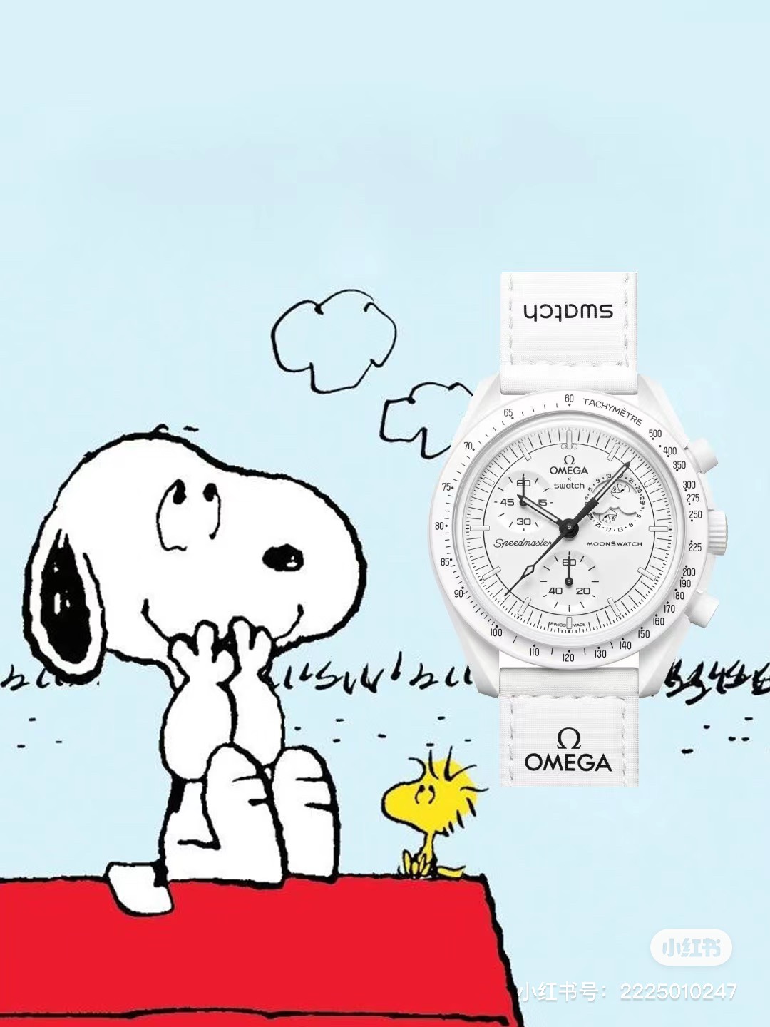 Snoopy collection. SWATCH x Omega collaboration NEWMOON Quartz movement Snoopy Moon Phase Dial Men's watch Swiss Watch 42mm white, black dial Clinker case nylon strap.
The one-piece case is officially consistent
The s mark in the center of the crystal is 