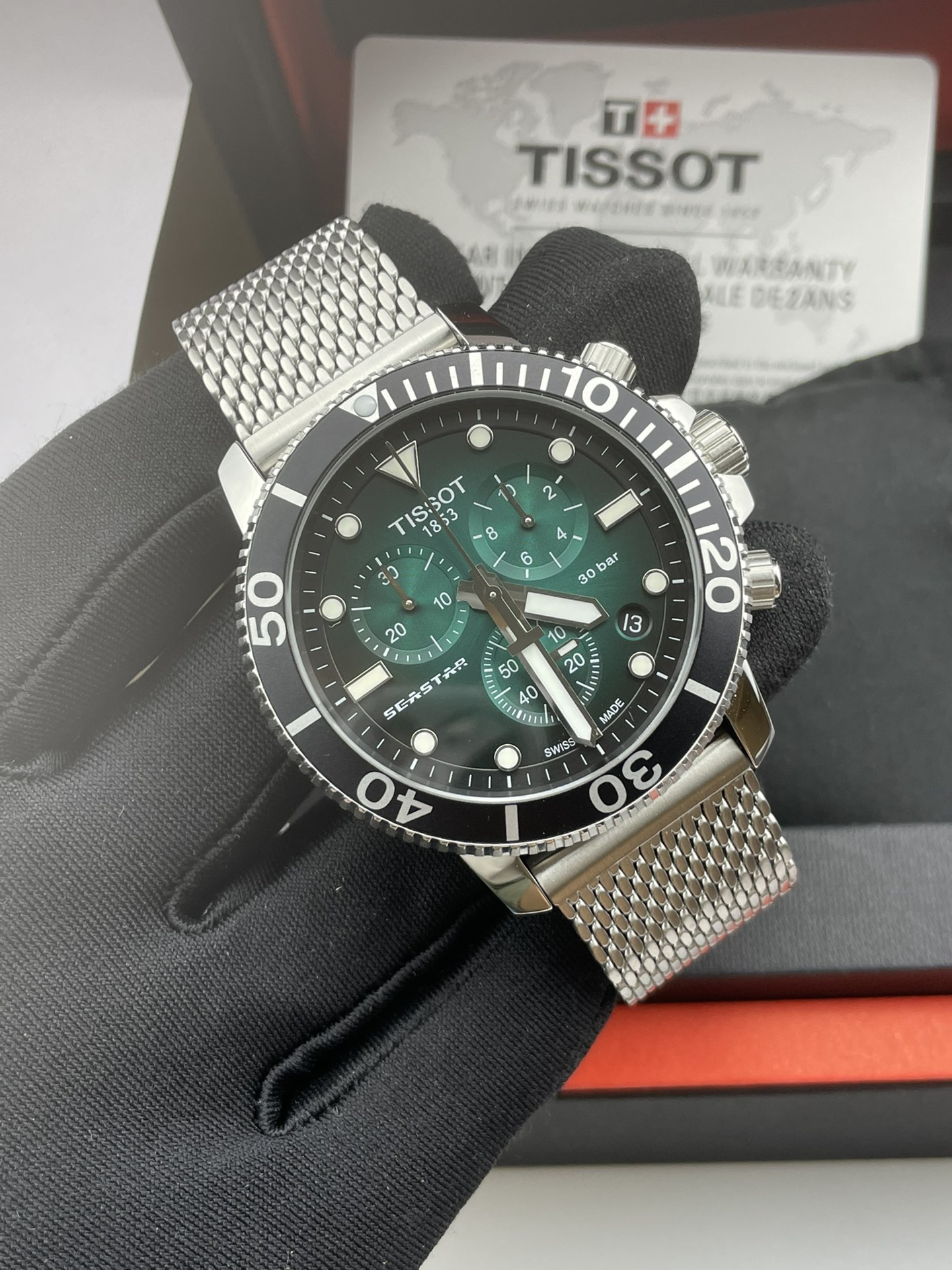 Tissot T120.417.11.091.00 Six hands latest mesh strap model, factory genuine, sapphire glass, original Swiss movement, 45mm diameter, super water-resistant 300 meters, screw-locking crown, screw-locking press, super Swiss luminous, two time zones, rotatin