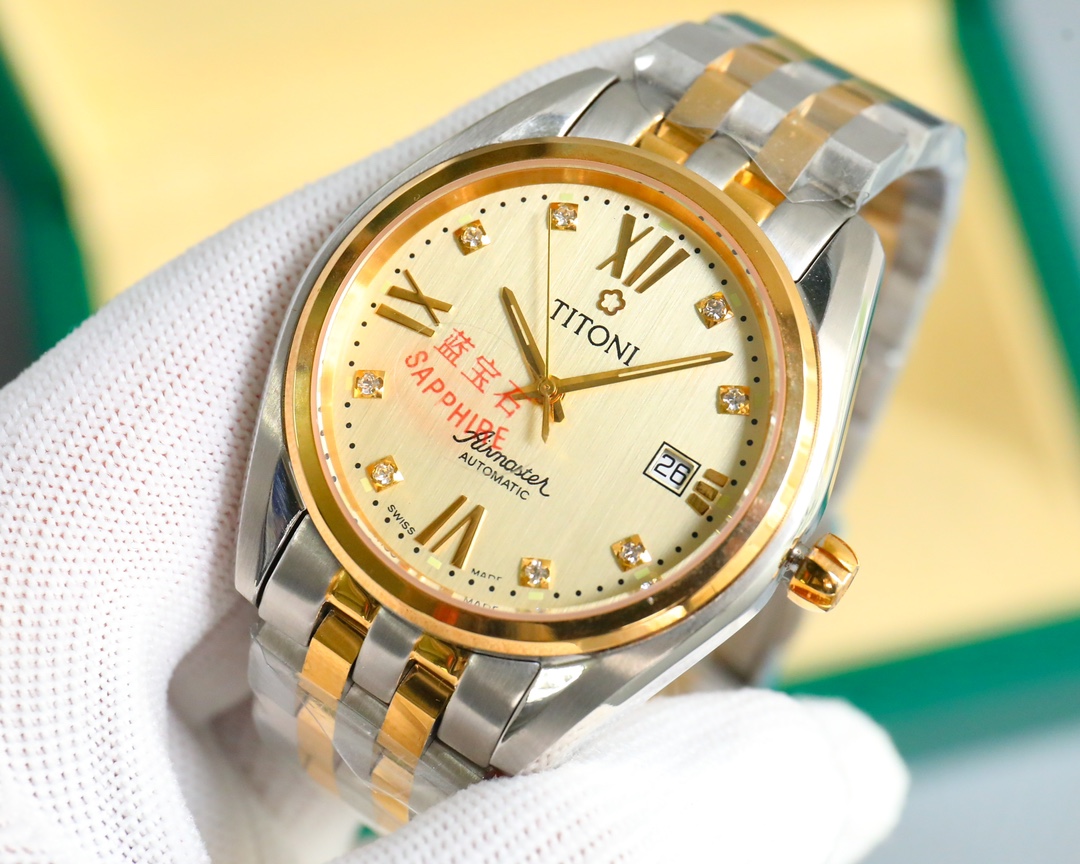 Same as 900. Titoni Swiss mechanical watch Men's Watch Air King Series Intergold Steel Band 83909-SY-063 gift. : 40mm in diameter! 11.7 m m thick. Stainless steel! Sapphire crystal watch! Fitted with the original imported 8215 movement! Durable! Gentle an