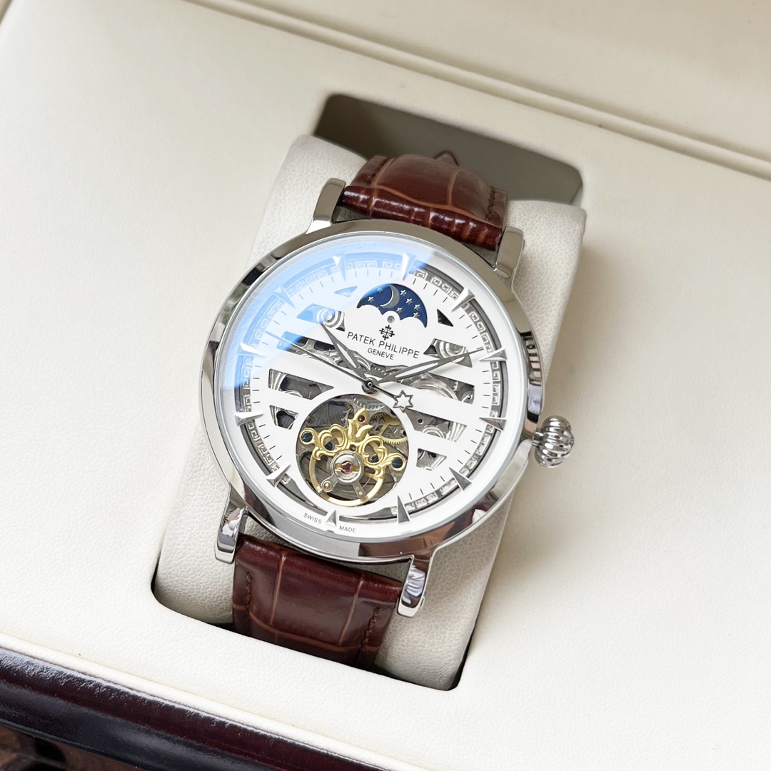 Uniform 520. [Stylish design Elegant Temperament] PATEK PHILIPPE Men watch Automatic mechanical movement Mineral tempered glass 316L Stainless steel case Genuine leather strap Simple Casual Business Essential size: 42mm diameter 12mm thickness