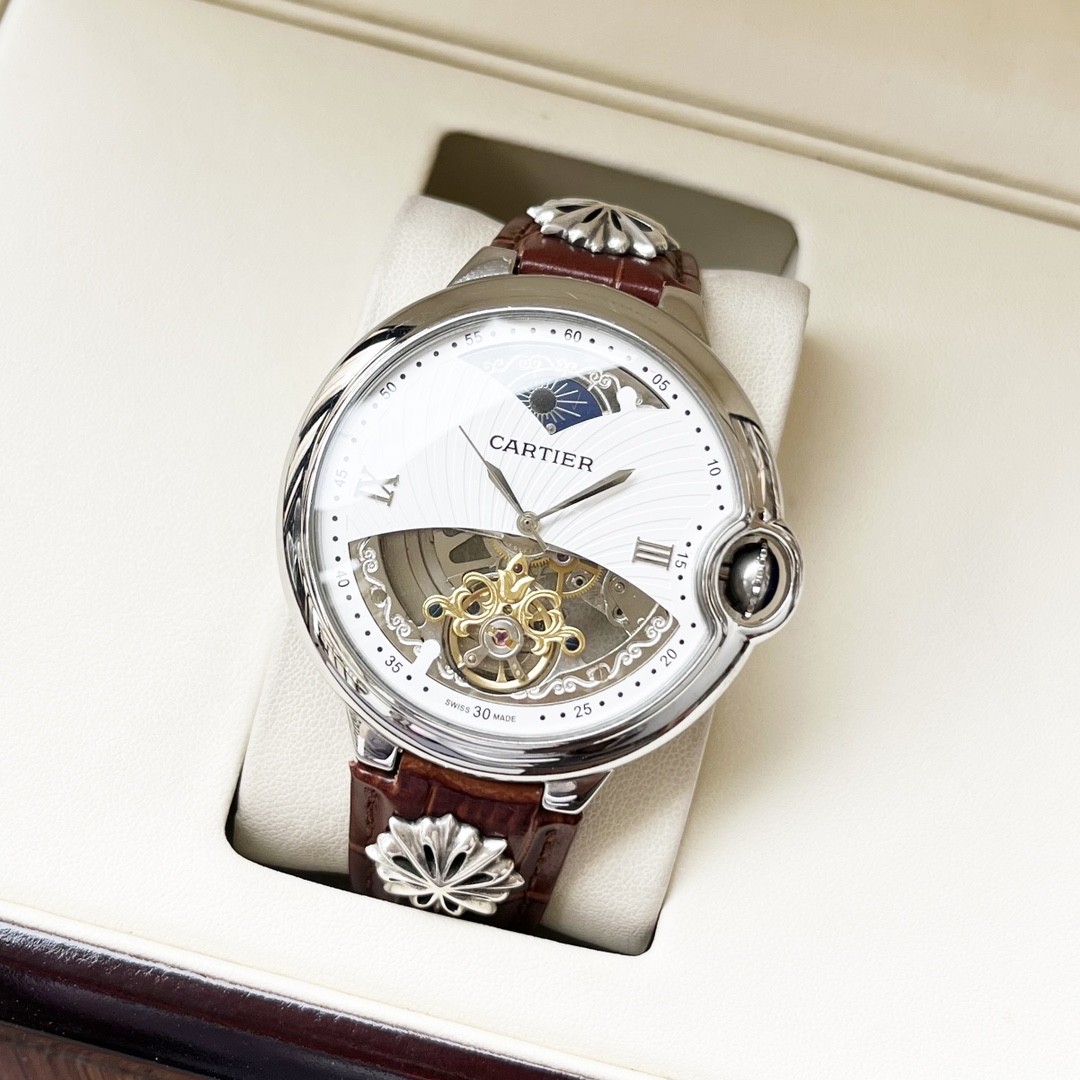 Uniform 570. [New Design Elegant and Stylish] Cartier -Cartier Men Watch Automatic mechanical Movement Mineral tempered glass 316L Stainless steel case Genuine leather strap Fine Flywheel Business Casual Size: 44mm diameter 12mm thickness