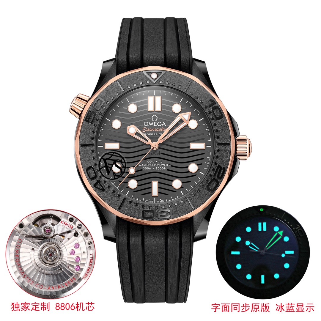 Uniform: 1500
[Black Seamaster, Rebellious Debut] omega Seamaster 300 m Black Watch!
1 ? The bezel and dial are made of black zirconia 1Zr021 ceramic.
2 ? The hollowed-out hands and the dot at the 12 o 'clock position are coated with Super-LumiNova lumine