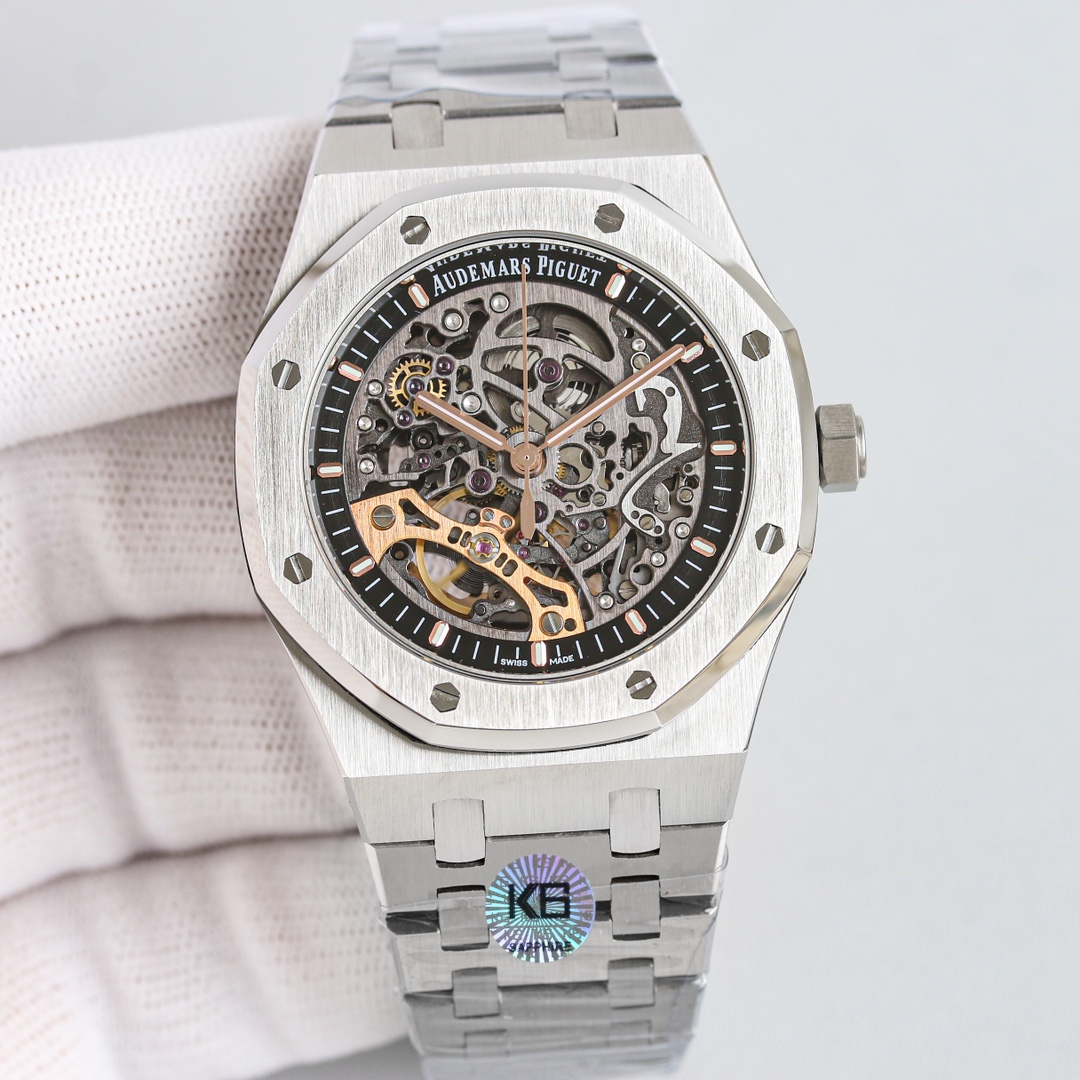 Uniform: 2100
GR New Audemars Piguet Royal Oak Offshore 15407ST.OO.1220ST.01 Men's mechanical watch Calibre 3132 integrated movement, 41mm diameter, 9.9mm thick dark grey dial shape: Round dial material: Skeletonized dial with rose gold fluorescent three-