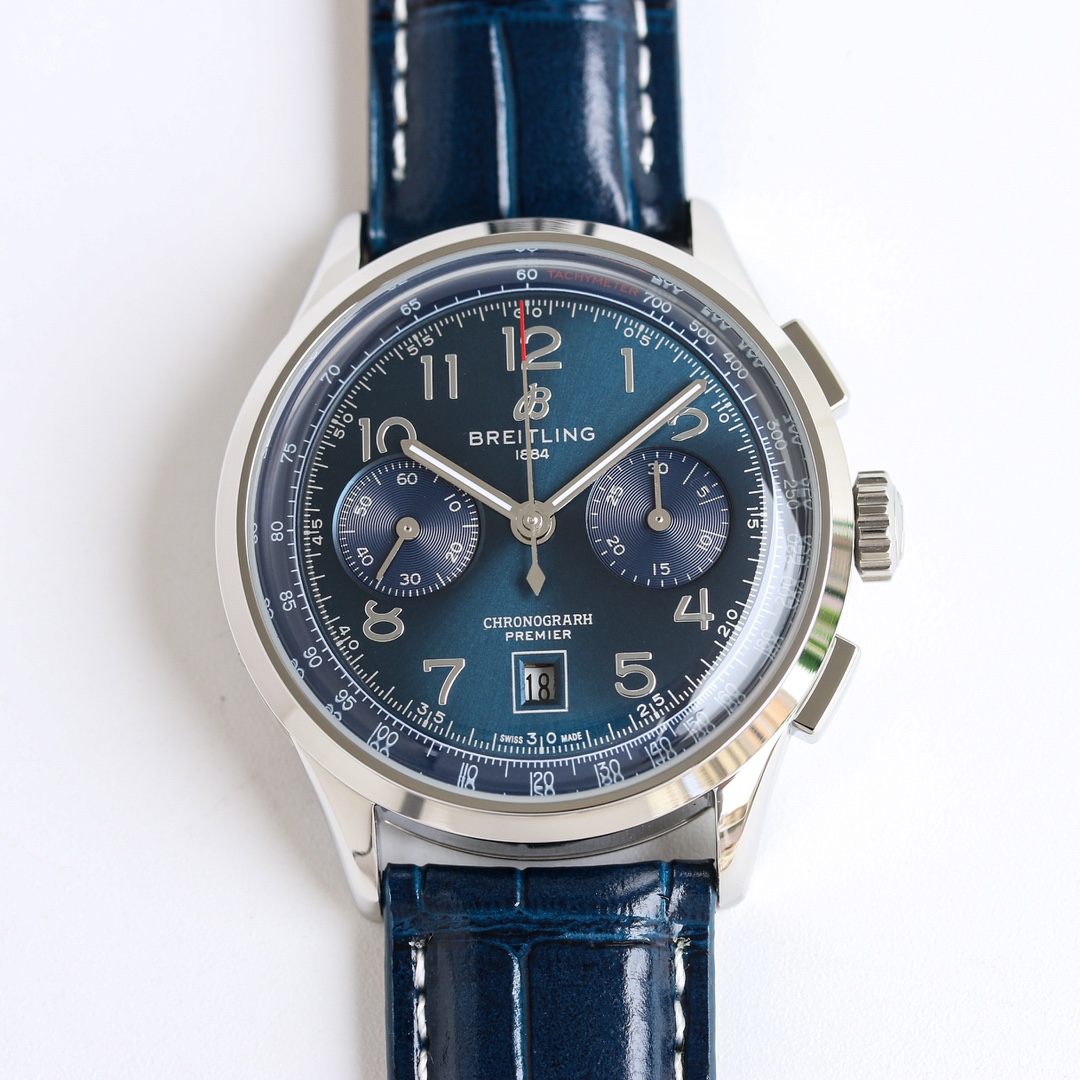 New Breitling Premier B01 Chronograph (Daniel Wu's model) ??BN5
Material: 316L stainless steel
Diameter: 42mm
Thickness: 13.65 mm
Crystal: Pot lid curved crystal glass, anti-glare treatment on both sides ??
Case back: screw-down stainless steel, transpare