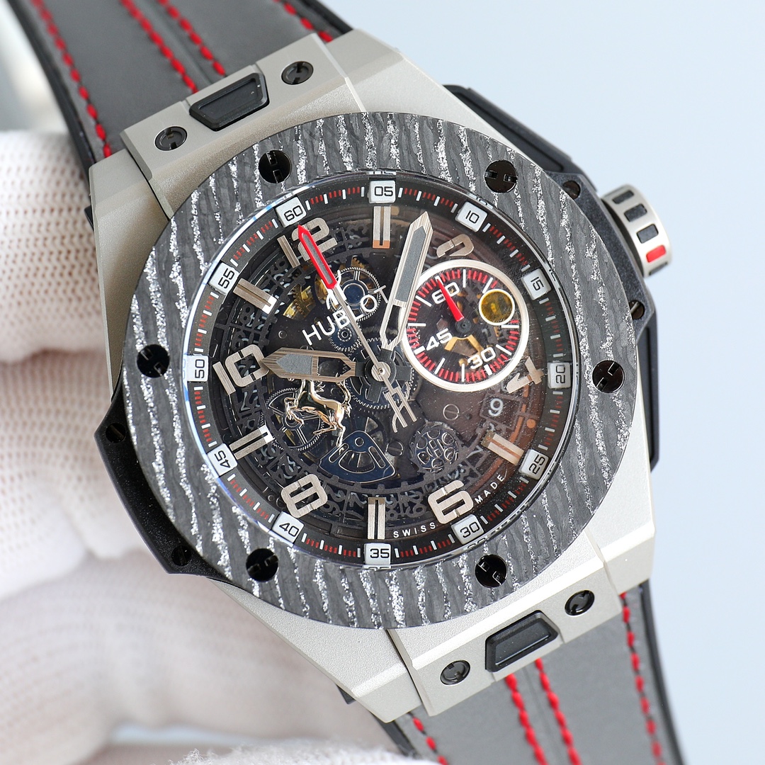 HBF  FACTORY
HUBLOT BlG BANG Series 401.OQ.0123.VR Carbon Fiber Bezel Composite material bezel Layering structure only Unique Charm Serial Number 401.NJ.0123.VR1 Bezel: Carbon fiber mixed with titanium. 2 Crystal: Sapphire crystal with anti-reflective coa