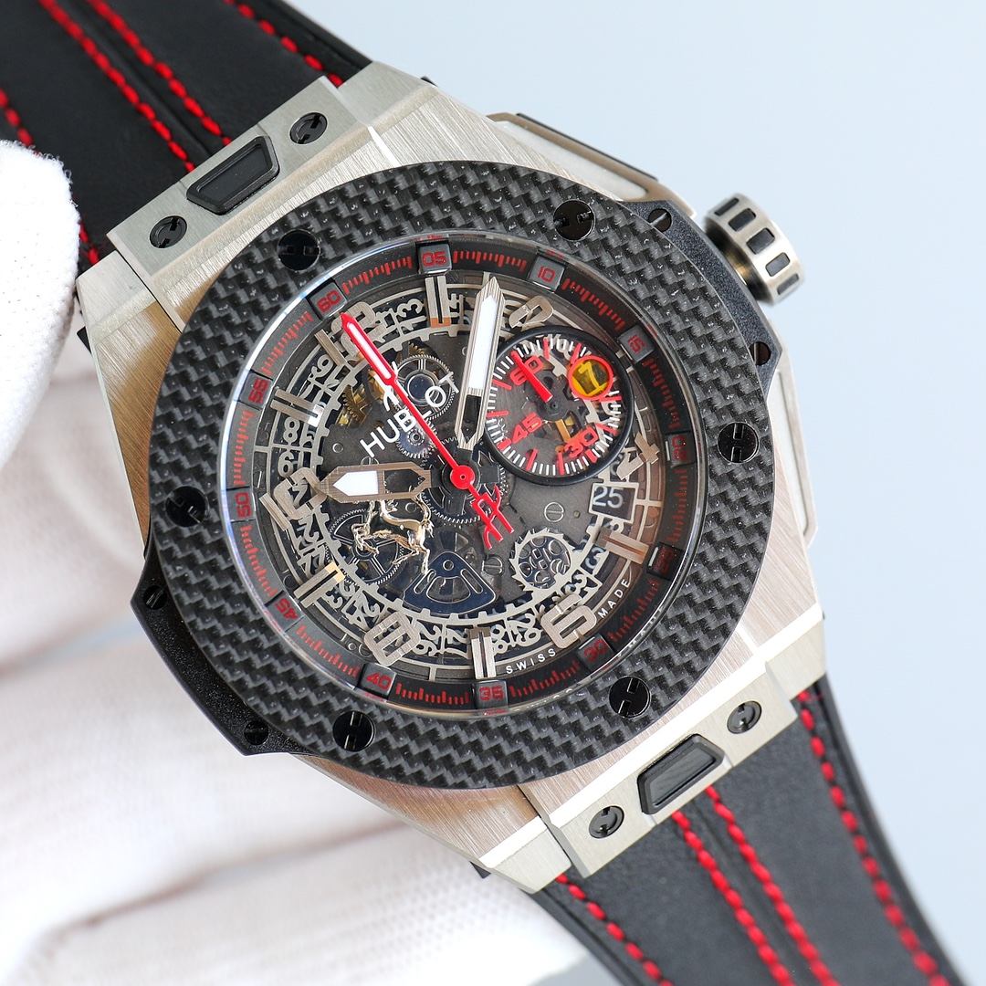 HBF  FACTORY
HUBLOT BlG BANG Series 401.OQ.0123.VR Carbon Fiber Bezel Composite material bezel Layering structure only Unique Charm Serial Number 401.NJ.0123.VR1 Bezel: Carbon fiber mixed with titanium. 2 Crystal: Sapphire crystal with anti-reflective coa
