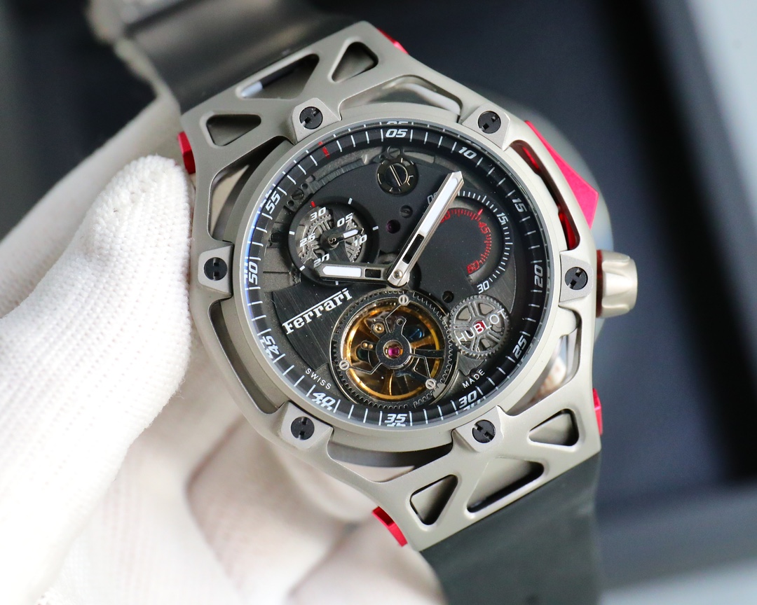 800. 2024 facelift ??HUBLOT Techframe Ferrari 70th Anniversary Tourbillon Chronograph. The watch is designed with the creative flow of Ferrari's sports cars, inspired by the "engine" - the movement, with free inspiration flowing around that core. The crow