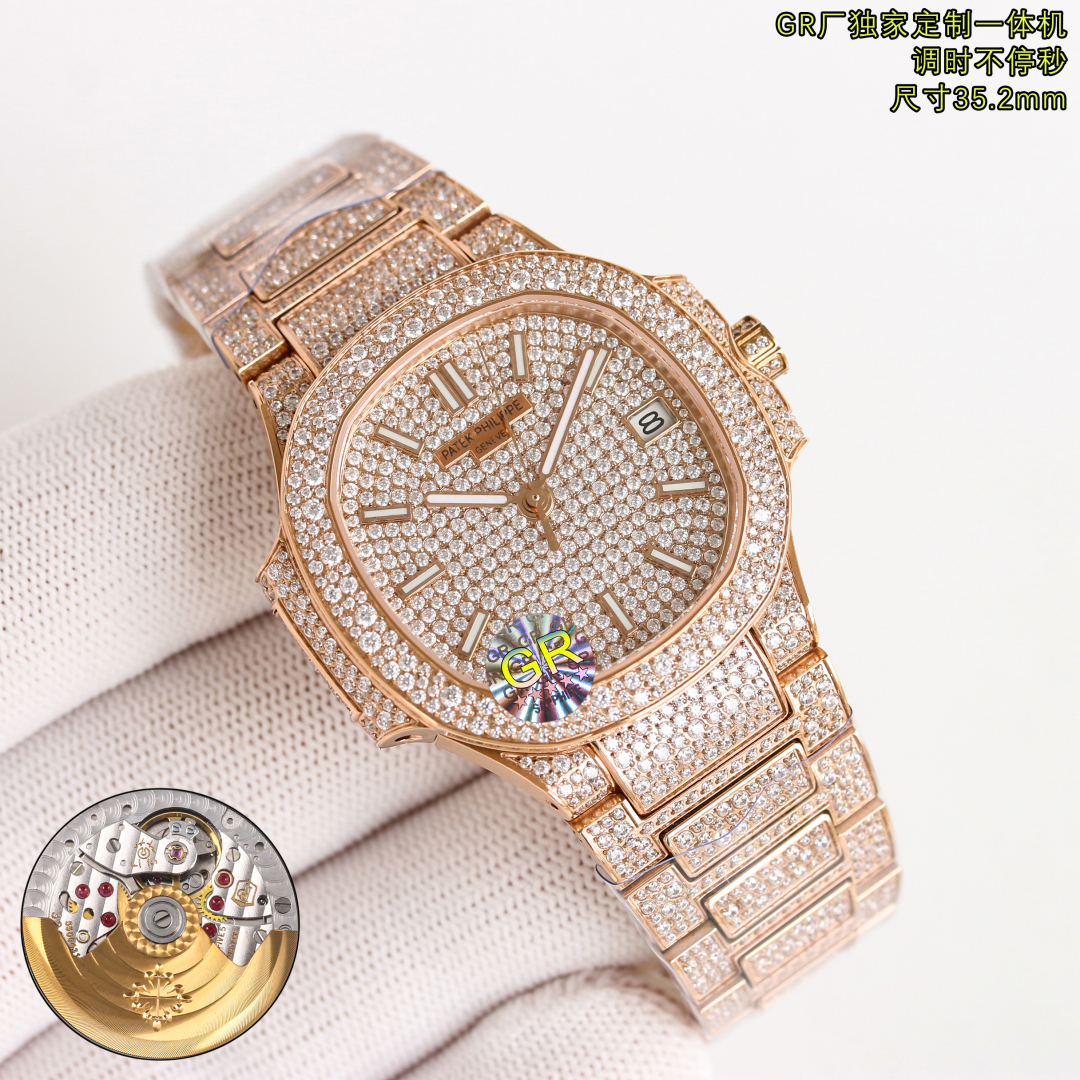 GR produced 3500
GR Factory has made a classic timepiece with great money -- Patek Philippe PP 7021 Nautilus ???R69 Full diamond limited Edition in small quantities available, limited supply (all in eight hearts and eight arrows natural Opal water diamond