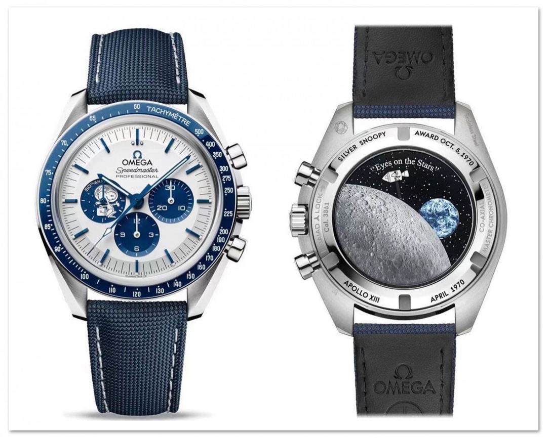 SJ 1750
OS V3 upgraded OMEGA ?? TO1 Speedmaster 310.32.42.50.02.001 (Snoopy 's 50th Anniversary watch), stainless steel case, blue zirconia [ZrO2] ceramic bezel with white enamel tachometer scale The silver-white dial is adorned with blue PVD-treated poin