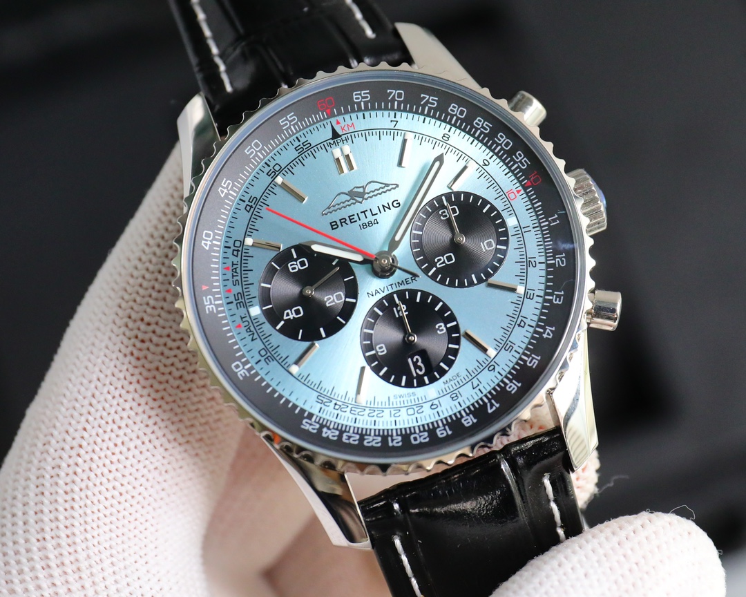 1650. To celebrate the 70th anniversary of Breitling's new Navitimer, Breitling reinterprets the classic with bold colors. 43mm in size, the iteration is a true aviation chronograph with a ring-shaped flight slide ruler, stice-shaped hour markers, three s