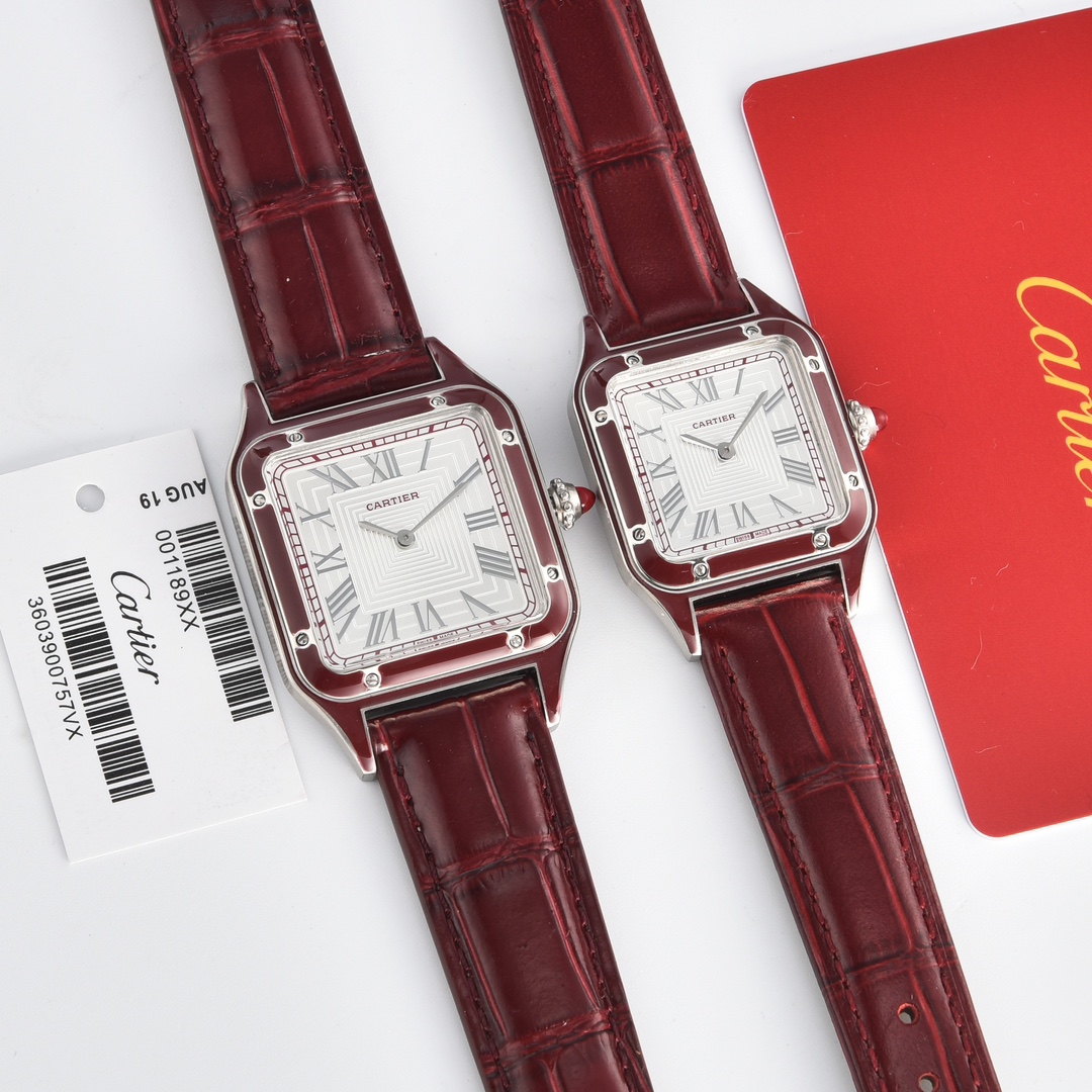 2023 latest global limited edition ?? Cartier Santos collection watches, couple pair, neutral model, 316L steel case, spinel round crown, sunray pattern matte finish, classic Roman numeral hour markers, sword-shaped blue steel hands, crystal mirror, Itali