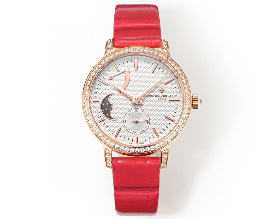 SJ White diamond 1600 Gold diamond 1650
Vacheron Constantin VC Legacy Collection ??GV1 Moon phase watch with a 36mm diameter
Round white gold case, bezel, lugs and crown set with 81 diamonds weighing about 1.2 carats in total
The white mother-of-pearl dia