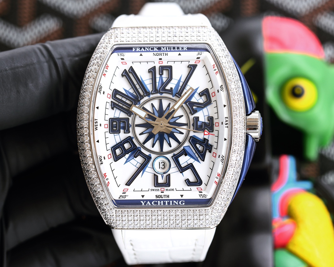 Perfect details ABF top quality new arrivals Franck Muller FM Vanguard Yachting V45 Yacht Series 44x54mm 1. The case is 100% original mold, especially the blue side grooves on the middle inner side of the sandwich structure case and the blue lugs protrudi