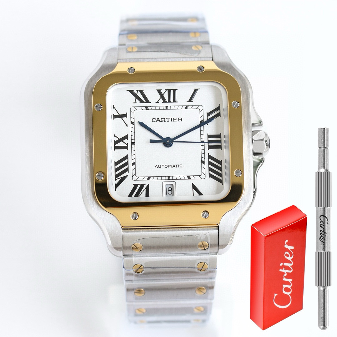 ?? produced by Taiwan factory - Cartier SANTOS series
Technical features:
1 ? Crystal: Sapphire crystal with ten fisheye glass
2 ? Strap: Stainless steel bracelet, Italian cowhine strap, head grain leather technique consistent with the original, no glue s
