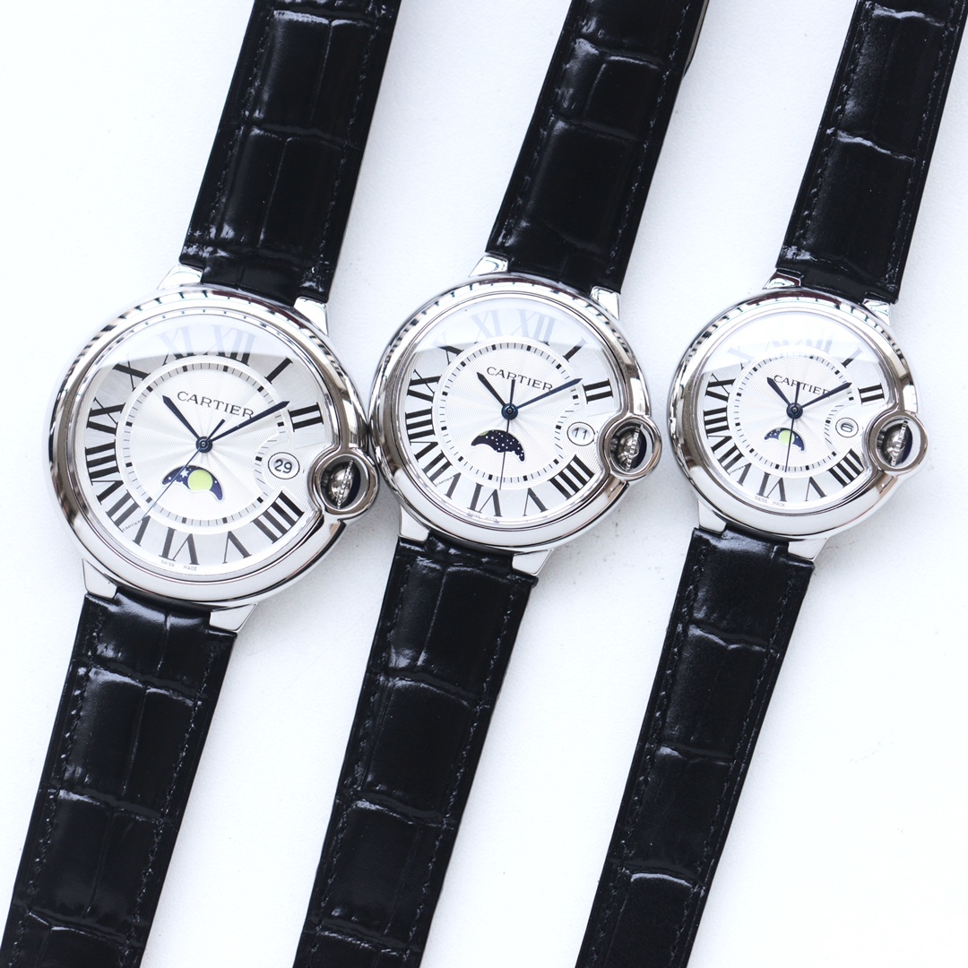 ?? Taiwan factory Four codes in one ?? Size 33mm 36mm 42mm Cartier Ballon Bleu series: New quartz expression couple watch, three hands moon phase and stars display, double sapphire glass crystal, 316 stainless steel case, steel blue sword-shaped hands, wa