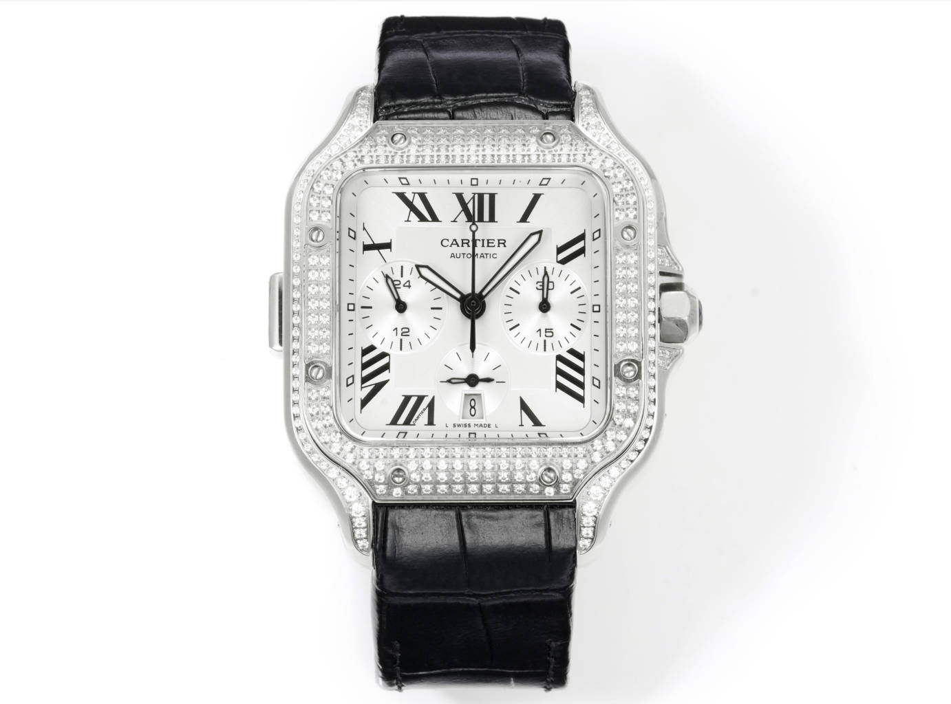 Cartier Santos Chronograph diamond-encrusted custom Edition shines

?? Movement: Dandong 7550 movement, stable and reliable quality;

?? Case: With a diameter of 43.3 mm, it features the most advanced CNC setting, a technique comparable to hand-set;

?? D