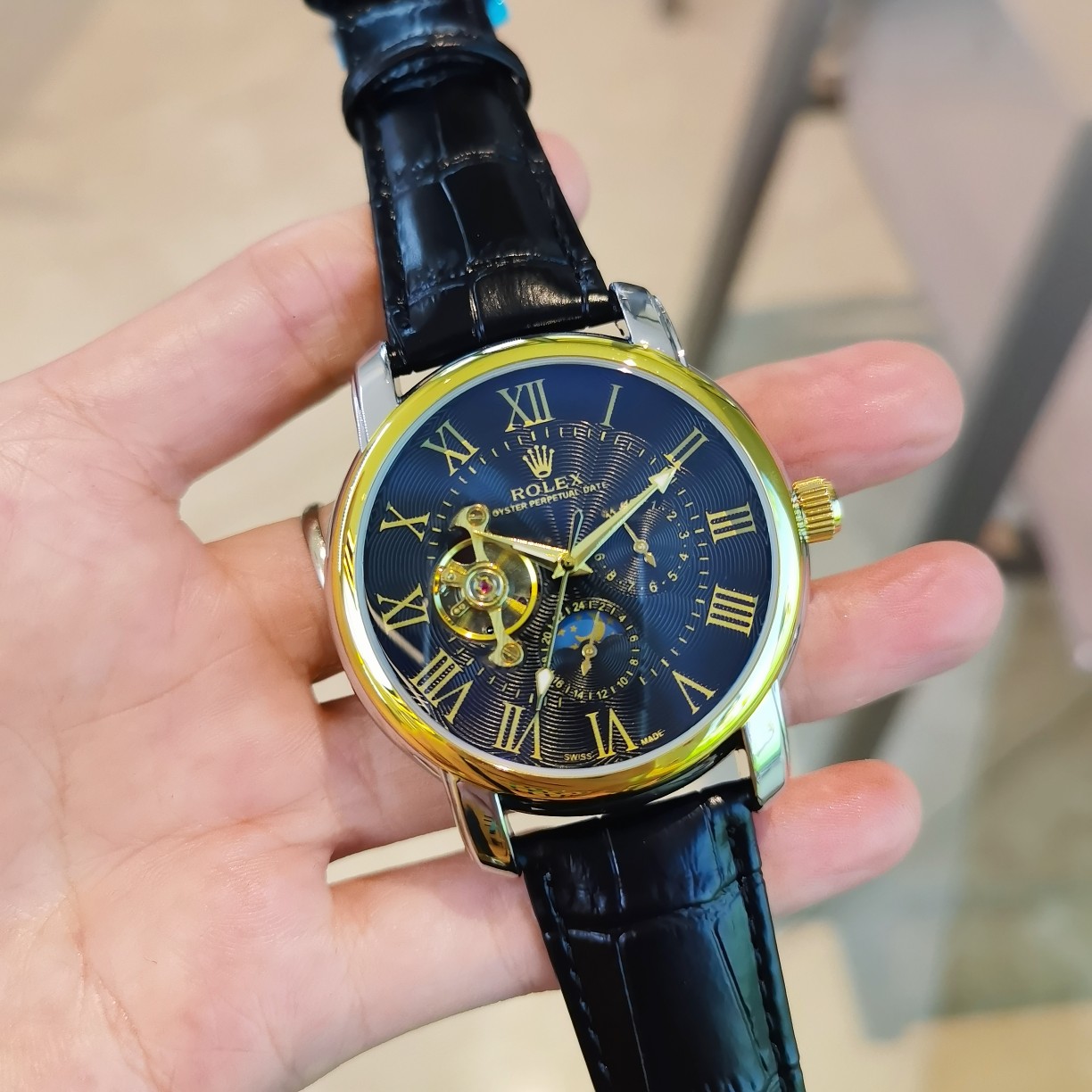 ?? Leather strap 10 pairs of Butterfly clasp ??P136, ROLEX - ROLEX? Nine flywheel automatic Sun Moon Star Mechanical ??, 6 positions Day Time (Sun)[Sun] Night time (Moon)[Moon] Containing the finest materials and meticulous craftsmanship! Super mineral bl