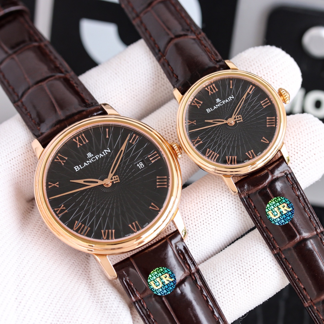 White 1100?? rose diamonds ?50?? each
[UR] Original 1:1 replica Blancpain 6551-1127-55B Business dress couple watch in enamel white, willow leaf hands, Roman hour markers, simple and clear. Fitted with Italian cowhide strap, soft and comfortable, gentlema