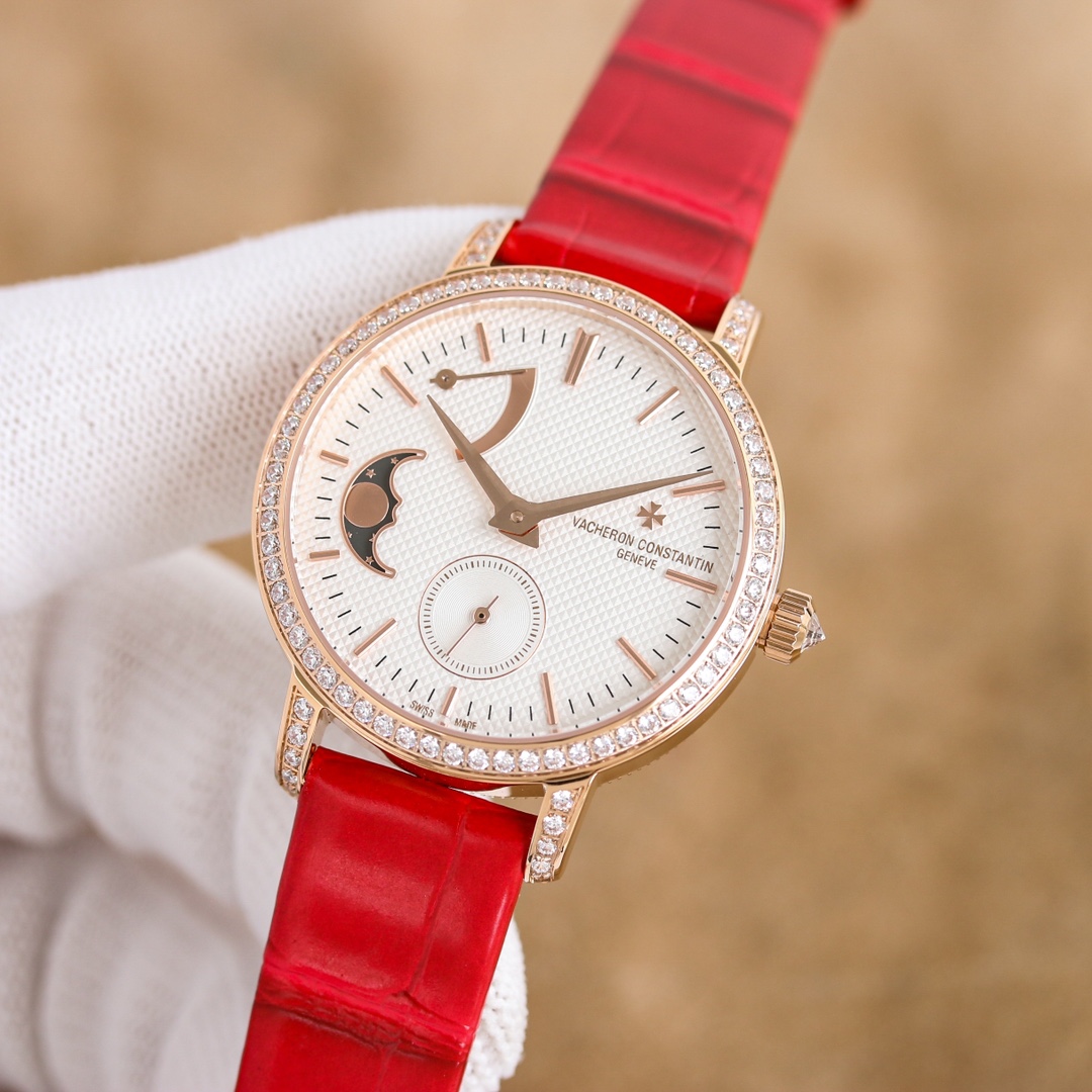 White 1600 Gold 1650?? Vacheron Constantin Heritage Moon phase watch with 36mm diameter
Round white gold case, bezel, lugs and crown set with 81 diamonds weighing about 1.2 carats in total
The white mother-of-pearl dial is adorned with the most poetic moo