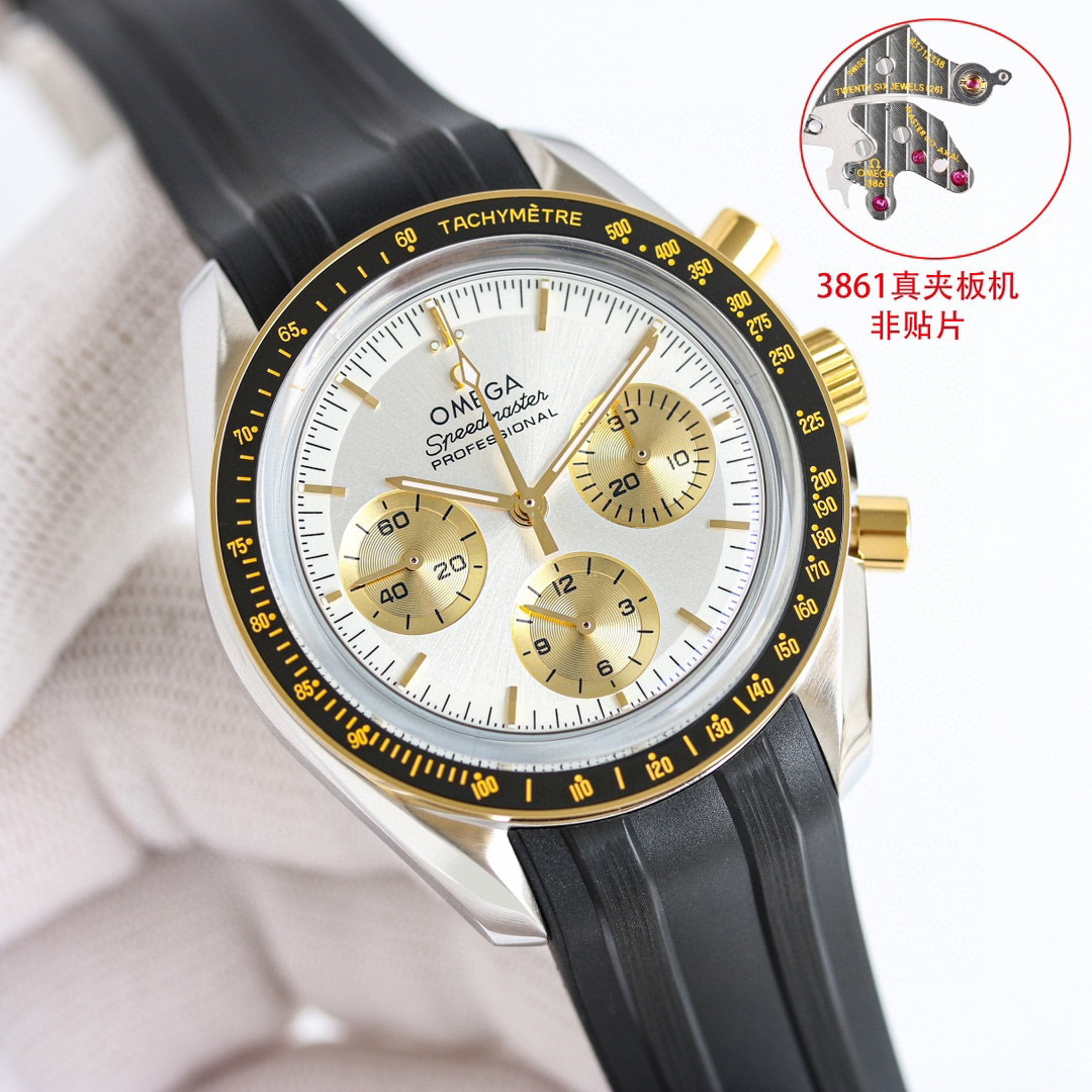 TW tape type 1650 steel tape type 1800
TW Factory OMEGA ???OB2 Speedmaster 3861 Moon Interdial Gold 310.20.42.50.02.001 42mm case diameter with sunray finished stepped dial with blackened sub-dials and hour markers For a distinctive visual impact, the bla