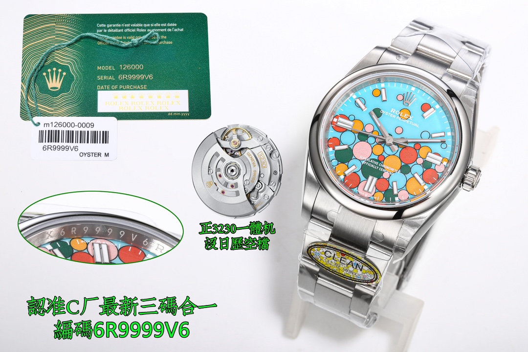SJ 1450
clean factory /c factory ROLEX ??Mk1 Oyster Perpetual 126000 3230 movement shipment Certified Watch ?? Code 6R9999V6 with NFC card, three numbers in one 36mm watch ?? Buckle code 5ZS, bevel and bevel bezel pin, full of details Oyster Perpetual 36m