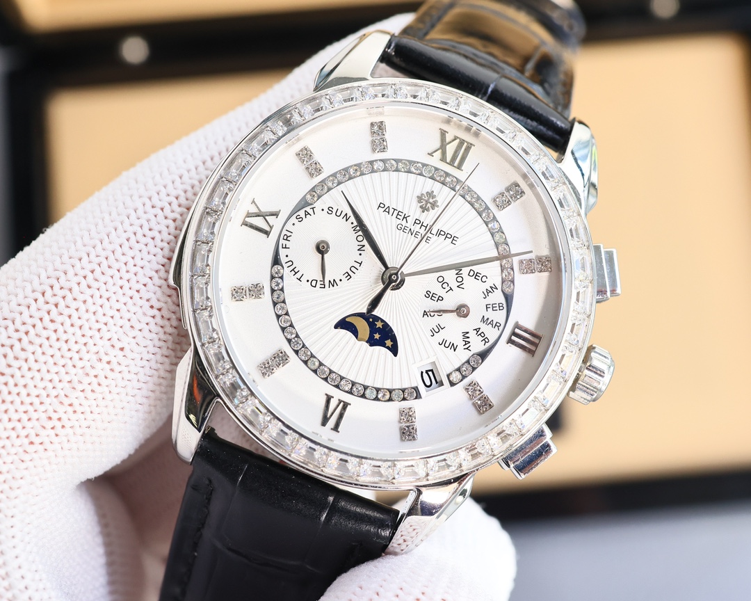 White 1500- Gold 1550. 2 ?0 ?2 ?4 ? The latest style Patek Philippe (real photo) Patek Philippe noble art piece! With imported 9100 multi-function movement (0 rework) functions (24 hours, day of the week, stars, months) Imported 316 stainless steel! Paire