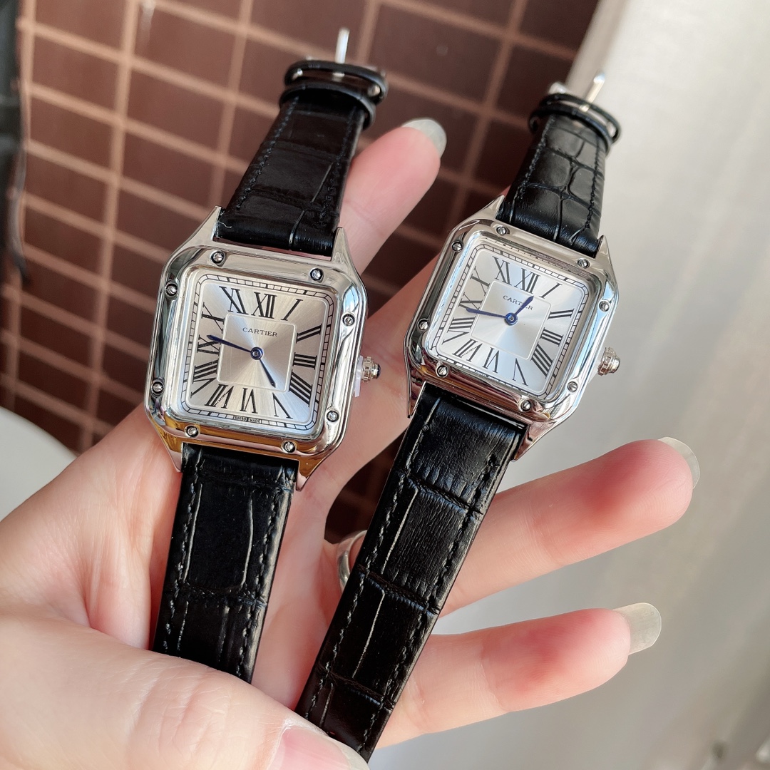 ????????75????Santos-Dumont Cartier, ultra-thin Dumont collection watch sunray pattern matte effect, classic Roman numeral hour markers, sword-shaped blue steel hands, top-grain calfskin strap, pin buckle. Size: 28*32/32*43 6749# 6750# - White case
