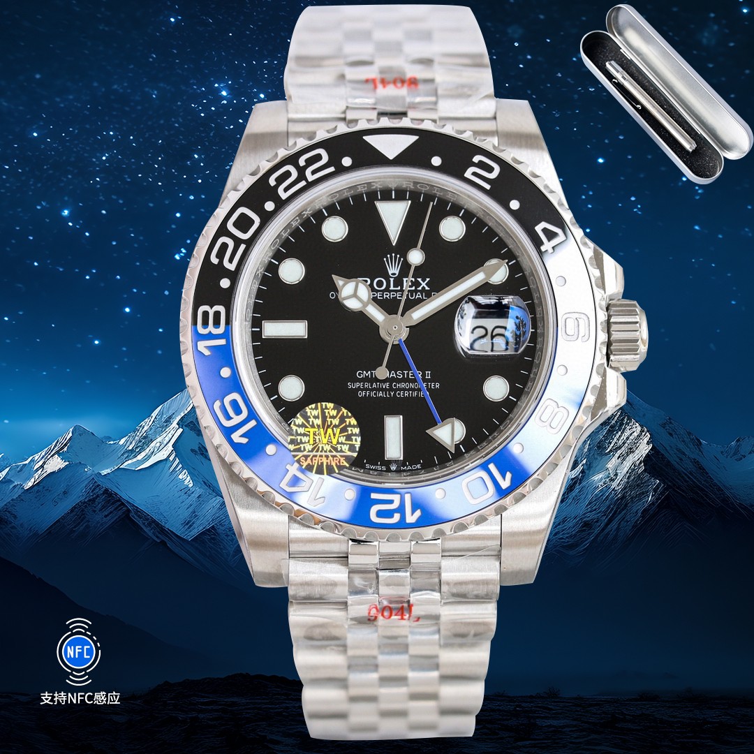 Tw Factory GMT m126710 uses the counter movement 3285 integrated movement blue hairspring The same as the original. Adjust the date function instant jump by adjusting the fast jump of the hour hand. The same GMT double time zone hands as the original are 