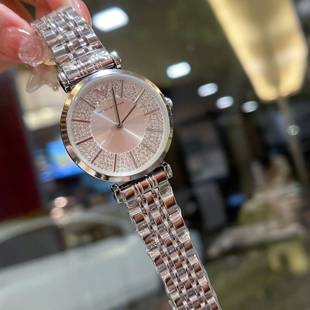 80 Armani women's watch Brilliant luxury Deep elegance Temperament Reserved exquisite Crown Butterfly Clasp Diamond scale Embellishments Dial Unique Portable Butterfly Clasp High hard mineral crystal glass mirror Imported quartz Women's watch 32mm*7mm New